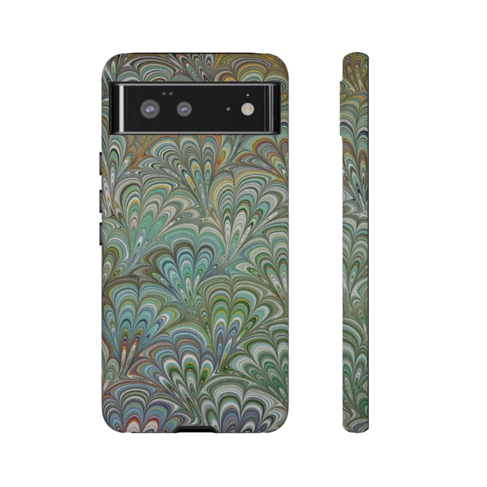 Green Marbled Peacock Durable Phone Case - Olive Green and Brown - Matte or Glossy