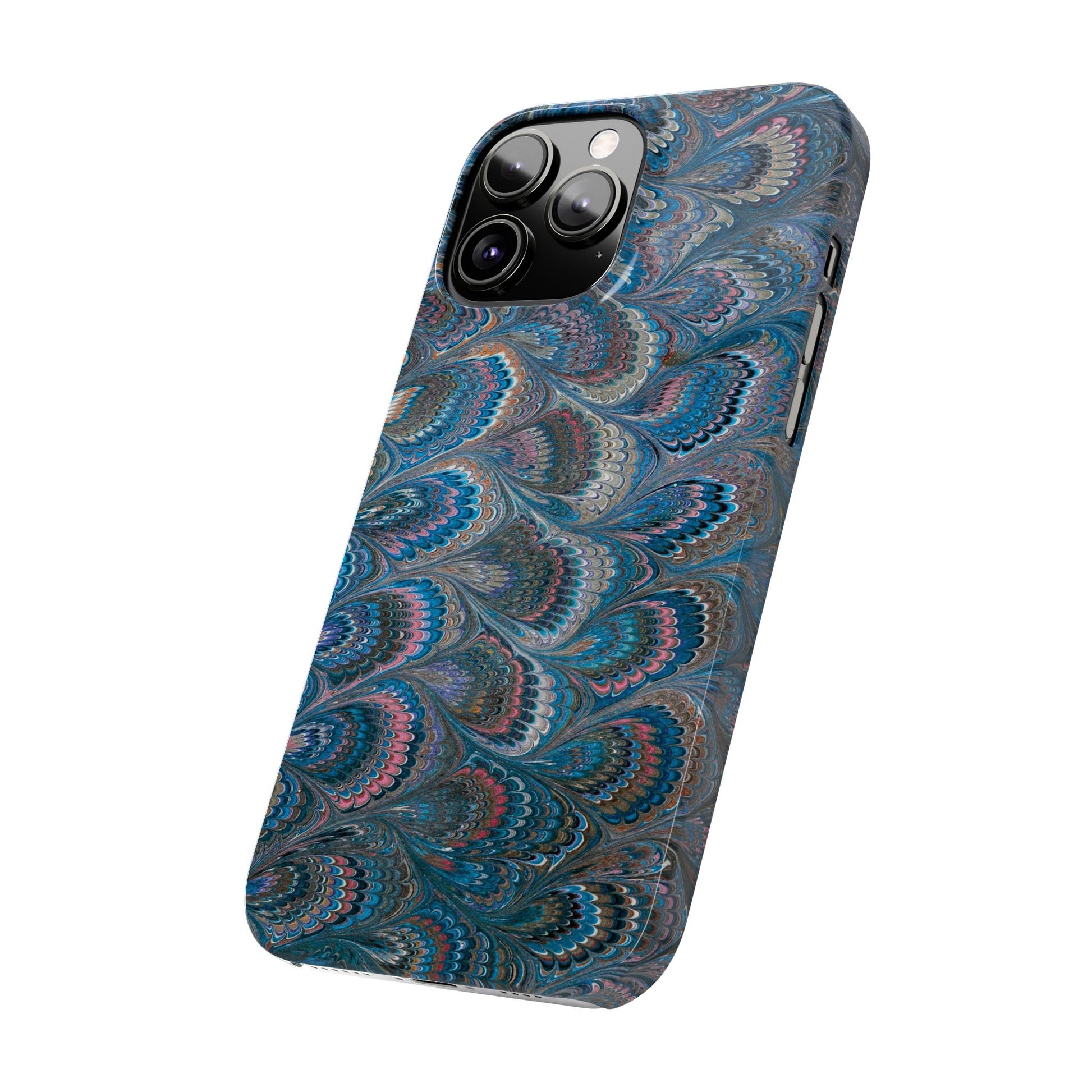 Blue and Pink FEATHER PEACKOCK Marbled VIntage Design, Italian Feather Phone Case, Slim Phone Cases, IPHONE 16 and all sizes