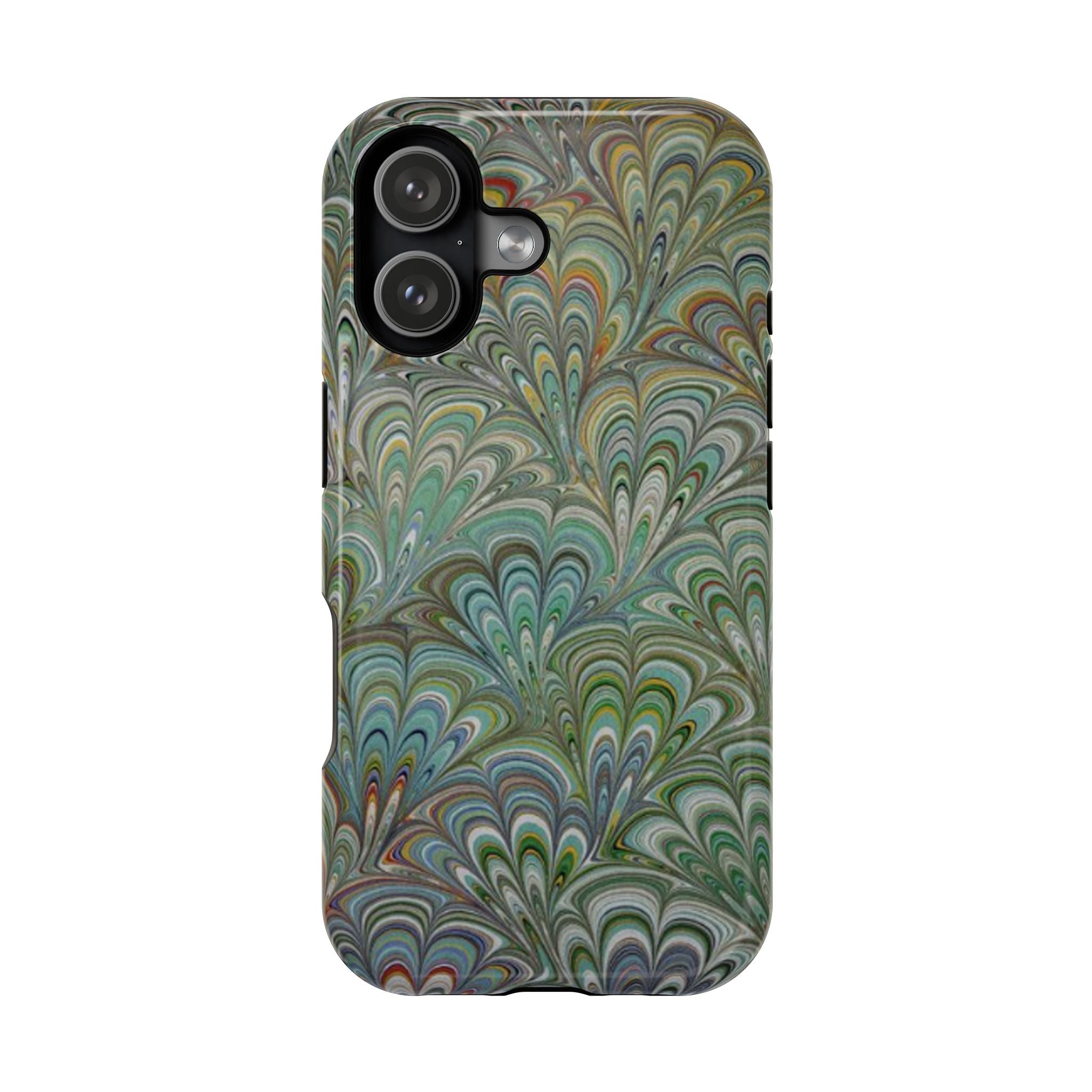 iPhone17 + All Models Phone Cases, Italian Peacock Feather Design, Stylish Impact-Resistant Shell, Protective Cover, Green Peacock Print
