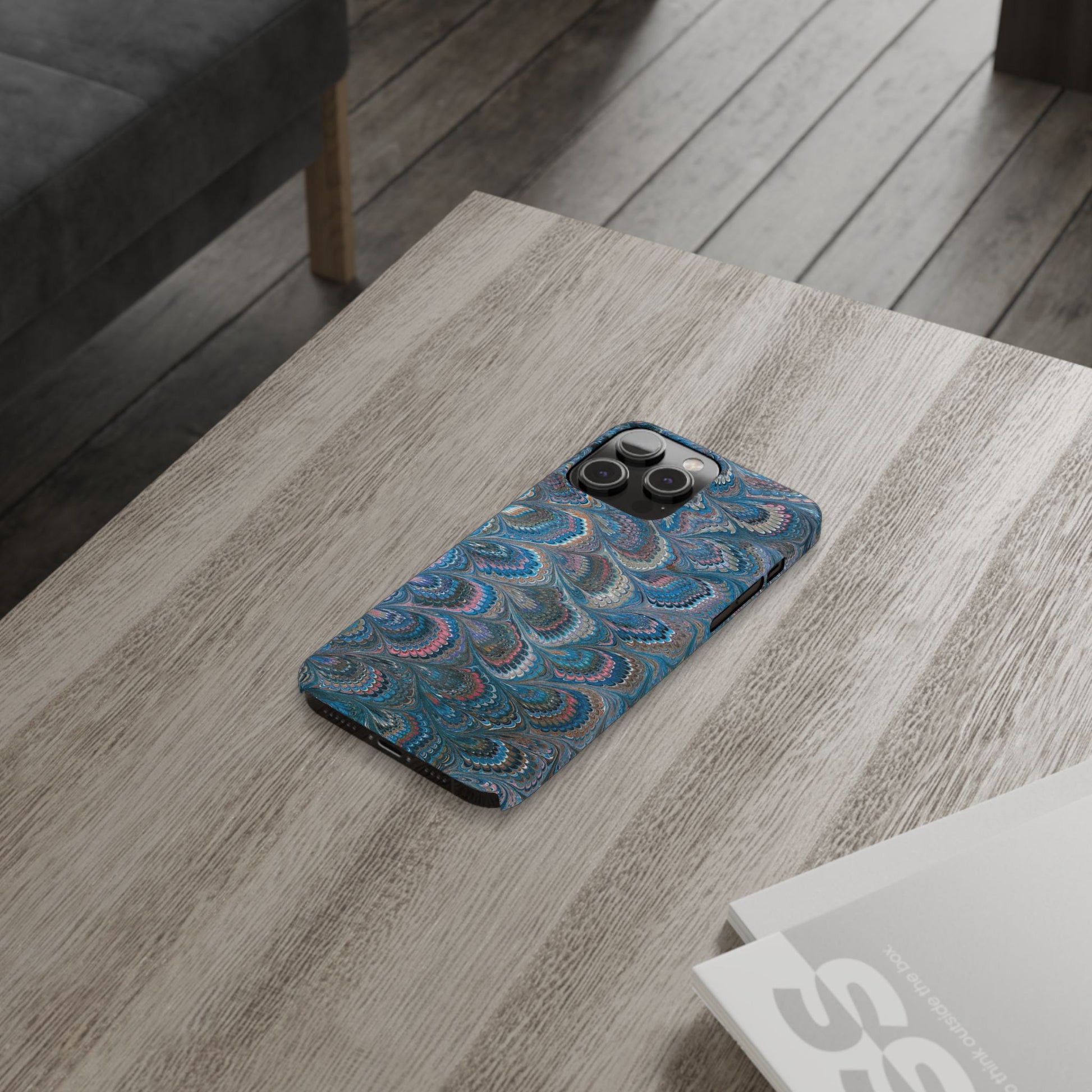 Blue and Pink FEATHER PEACKOCK Marbled VIntage Design, Italian Feather Phone Case, Slim Phone Cases, IPHONE 16 and all sizes