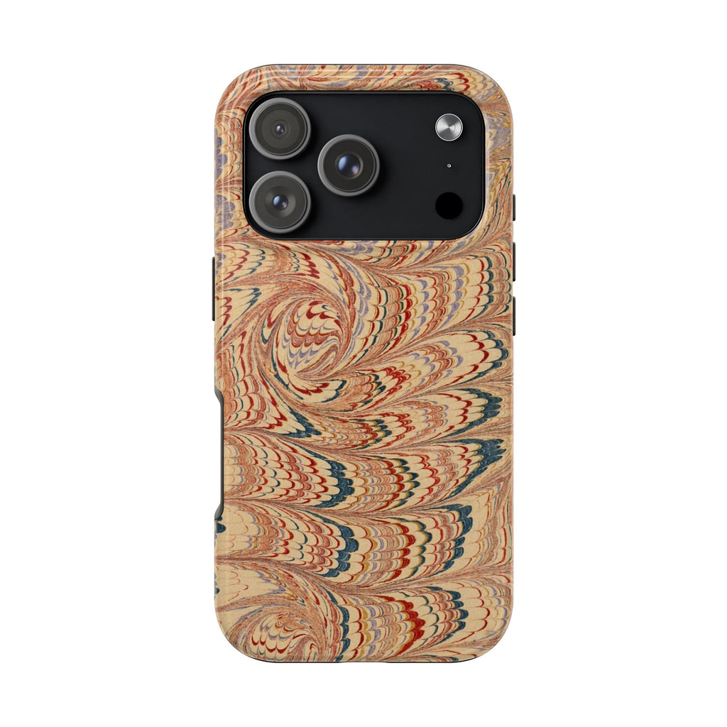 Vintage Florentine - Beige, Blue + Burgundy Marbled Peacock Feather Dual Layer Phone Case