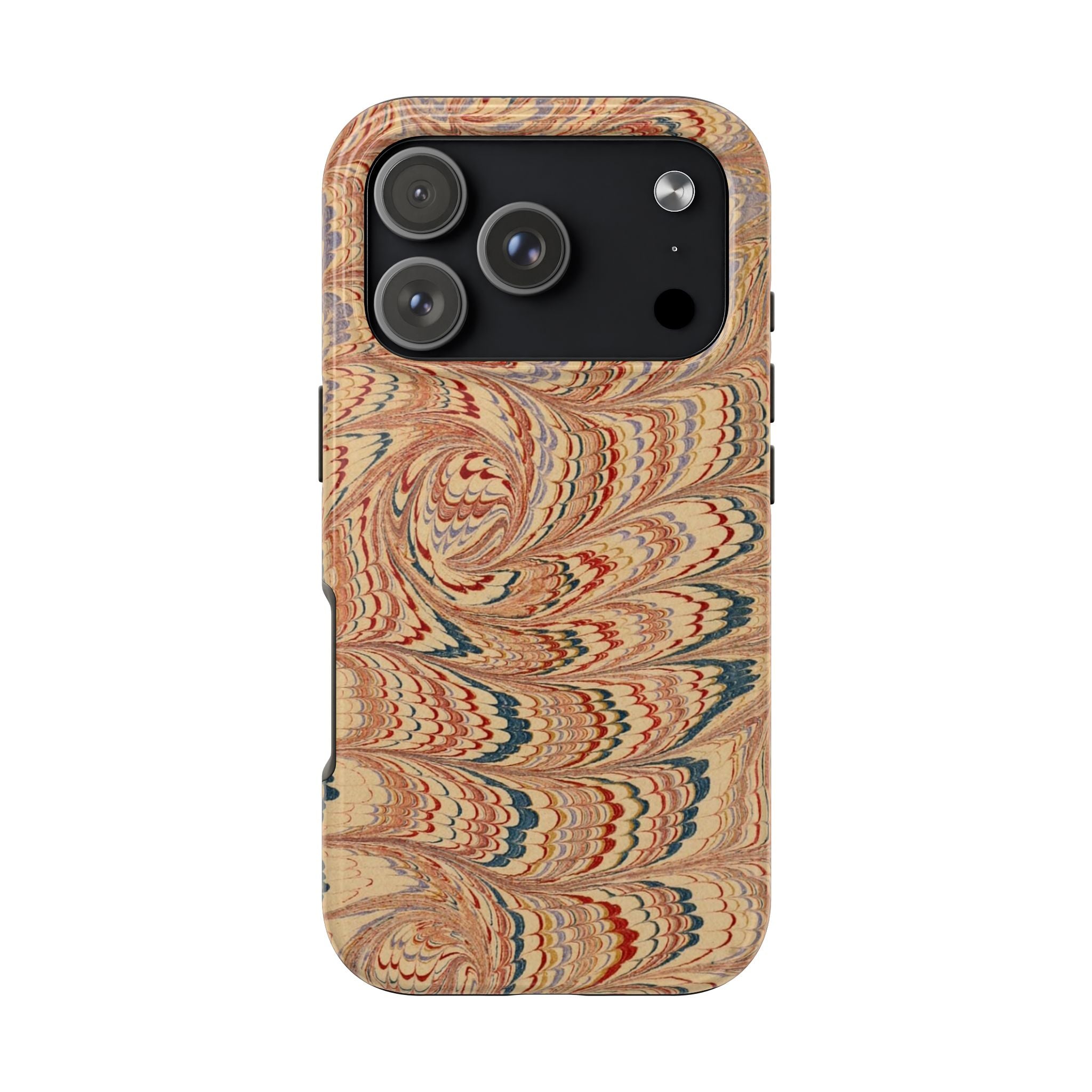 Vintage Florentine - Beige, Blue + Burgundy Marbled Peacock Feather Dual Layer Phone Case