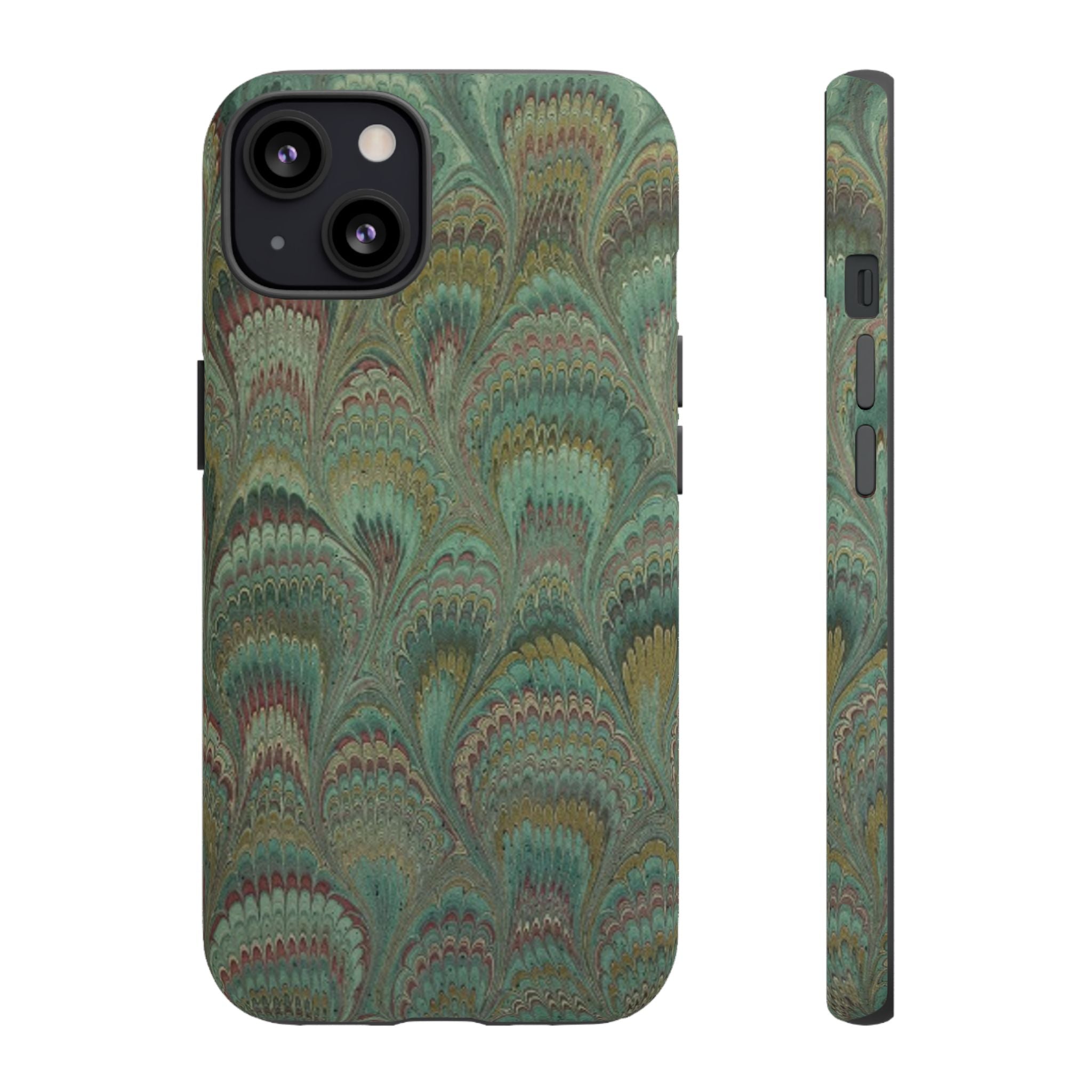 Marbled Peacock Durable Phone Case - Olive Green and Brown - Matte or Glossy