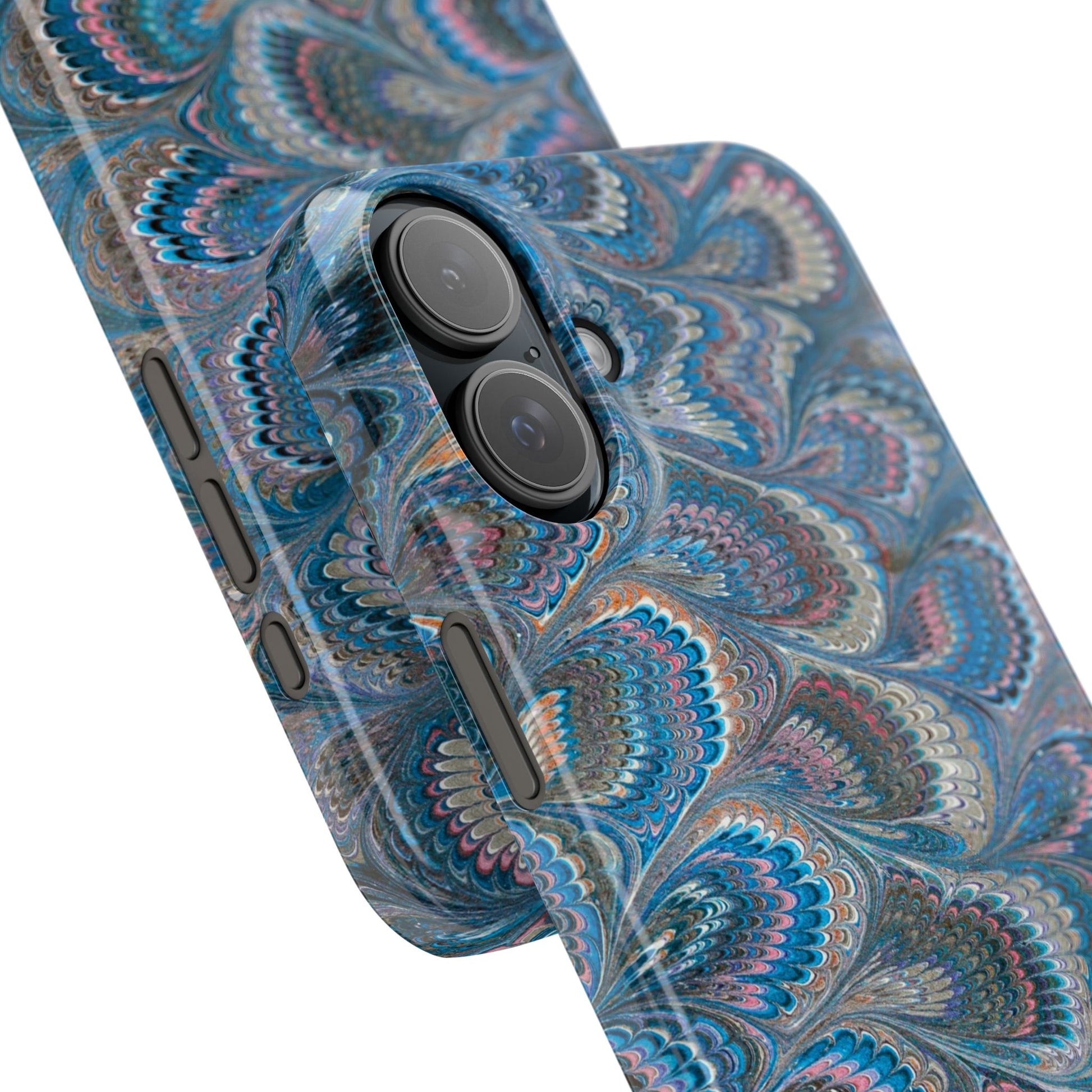 Blue and Pink FEATHER PEACKOCK Marbled VIntage Design, Italian Feather Phone Case, Slim Phone Cases, IPHONE 16 and all sizes