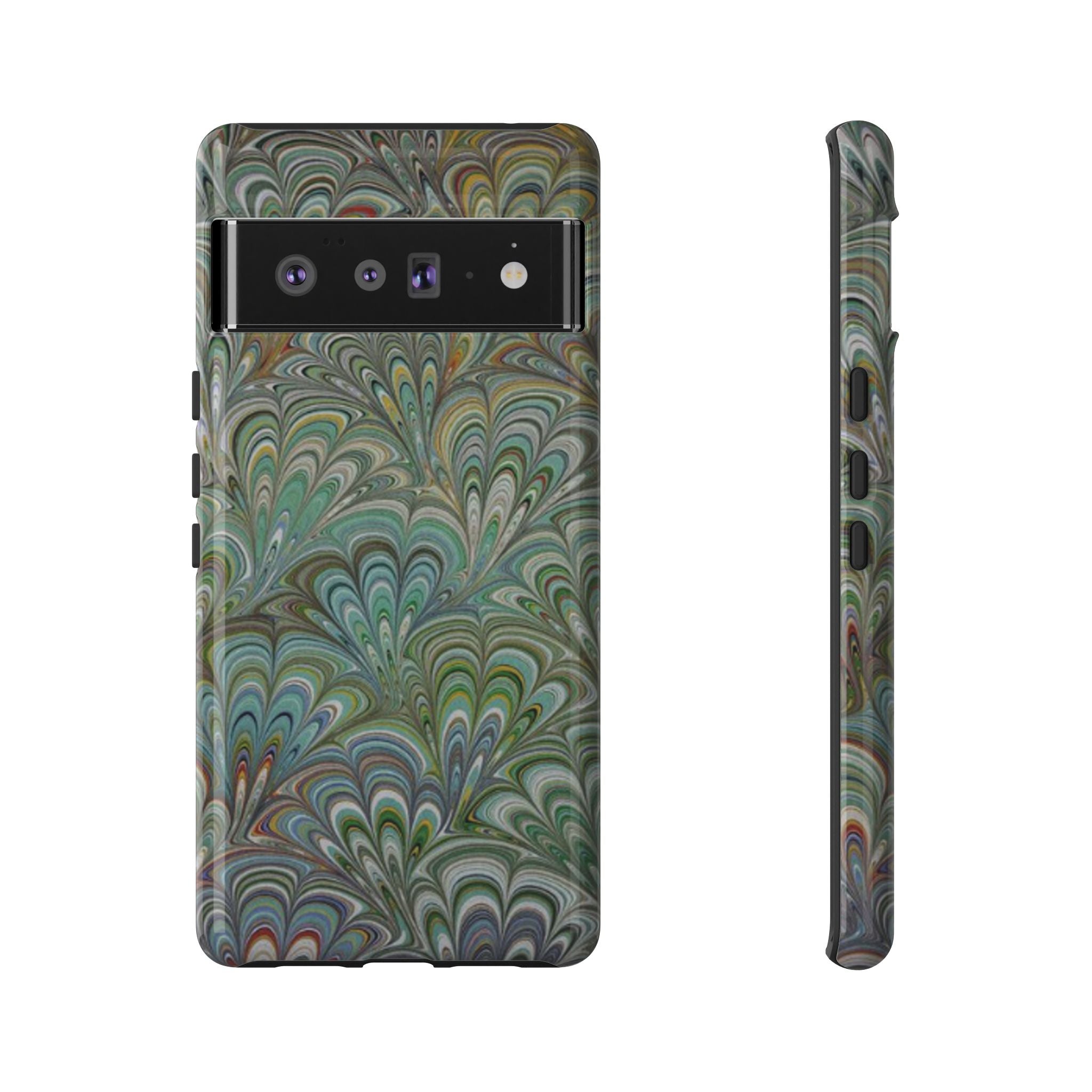 Green Marbled Peacock Durable Phone Case - Olive Green and Brown - Matte or Glossy
