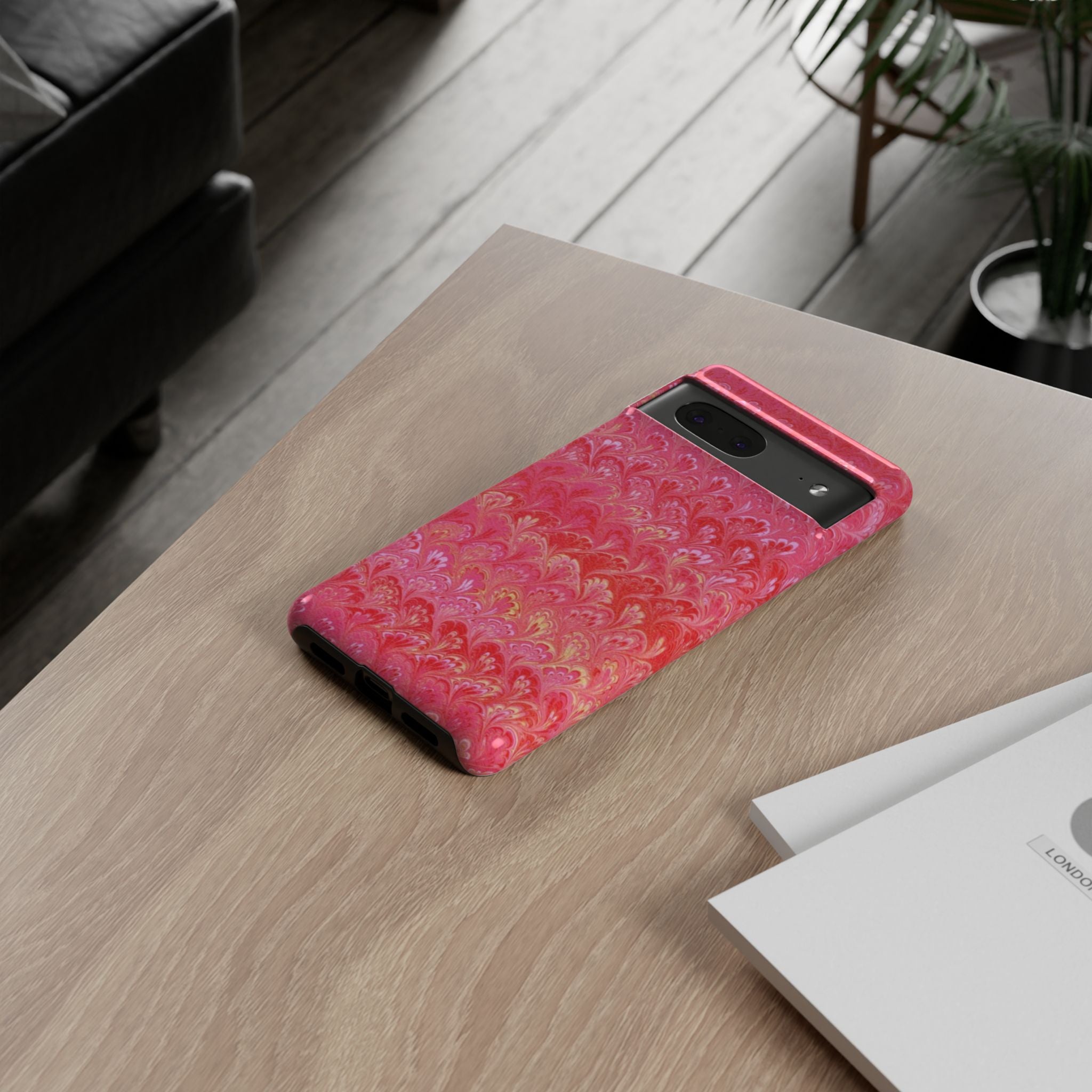 Pink and Gold Marbled Peacock Durable Phone Case - Olive Green and Brown - Matte or Glossy