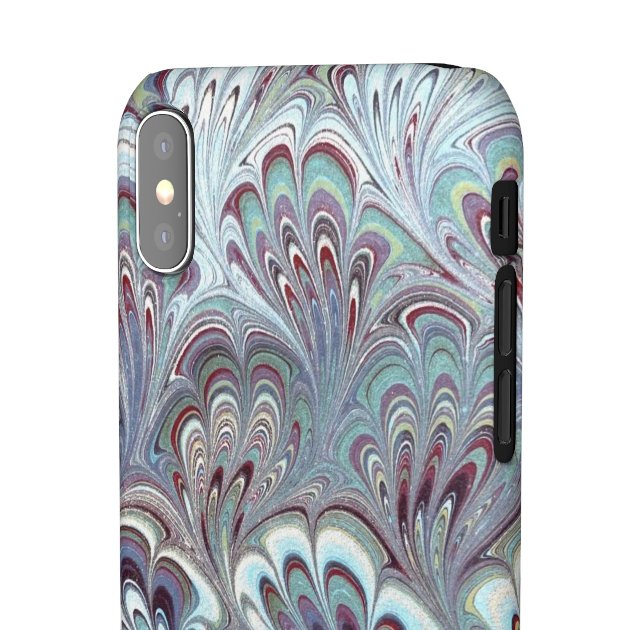 Marbled Feather Blue, White + Burgundy Swirl - Single Layer Slim Phone Case