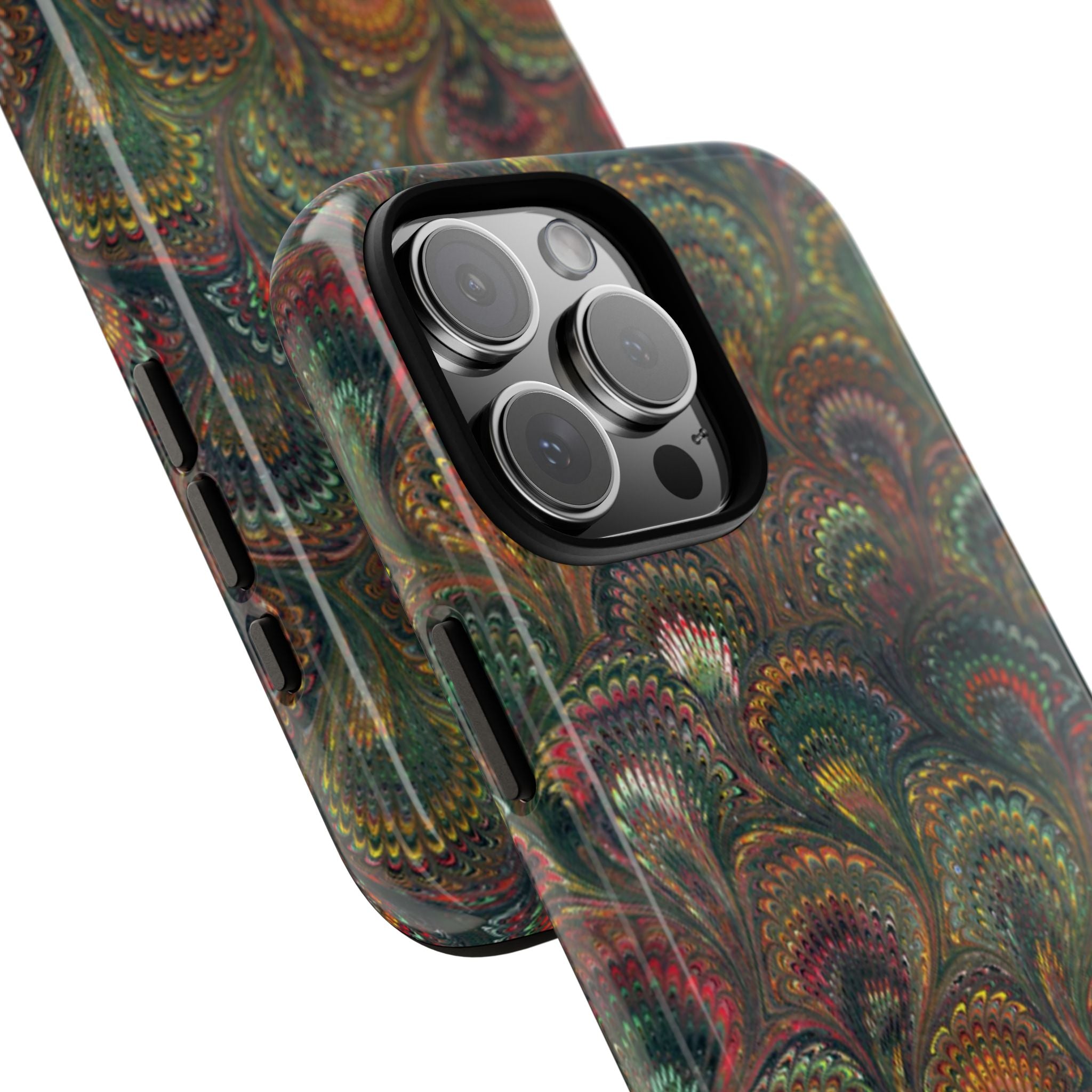 Multi-Color Greens + Reds Feather Vintage Italian Marble Design - Dual Layer Phone Cases