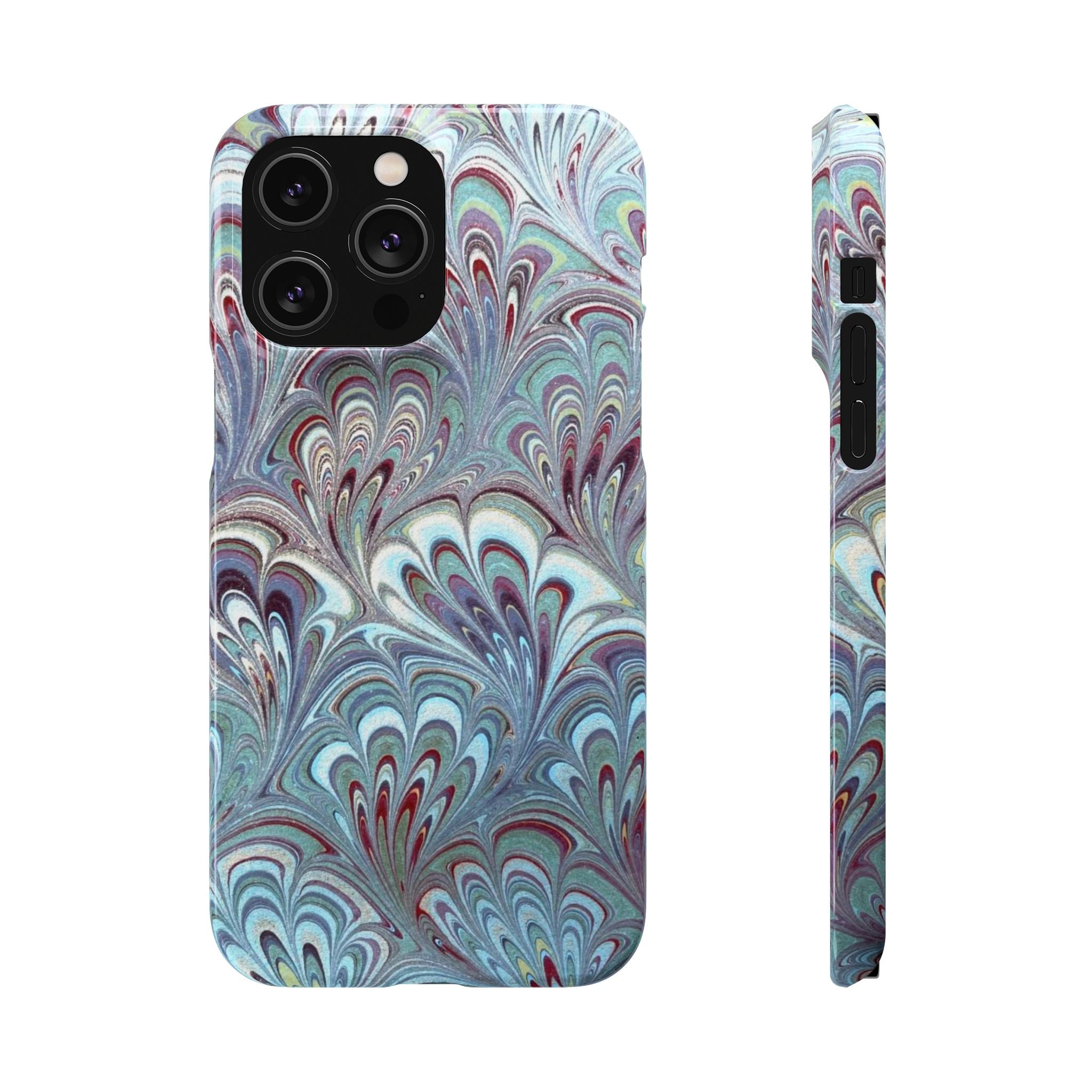 Marbled Feather Blue, White + Burgundy Swirl - Single Layer Slim Phone Case