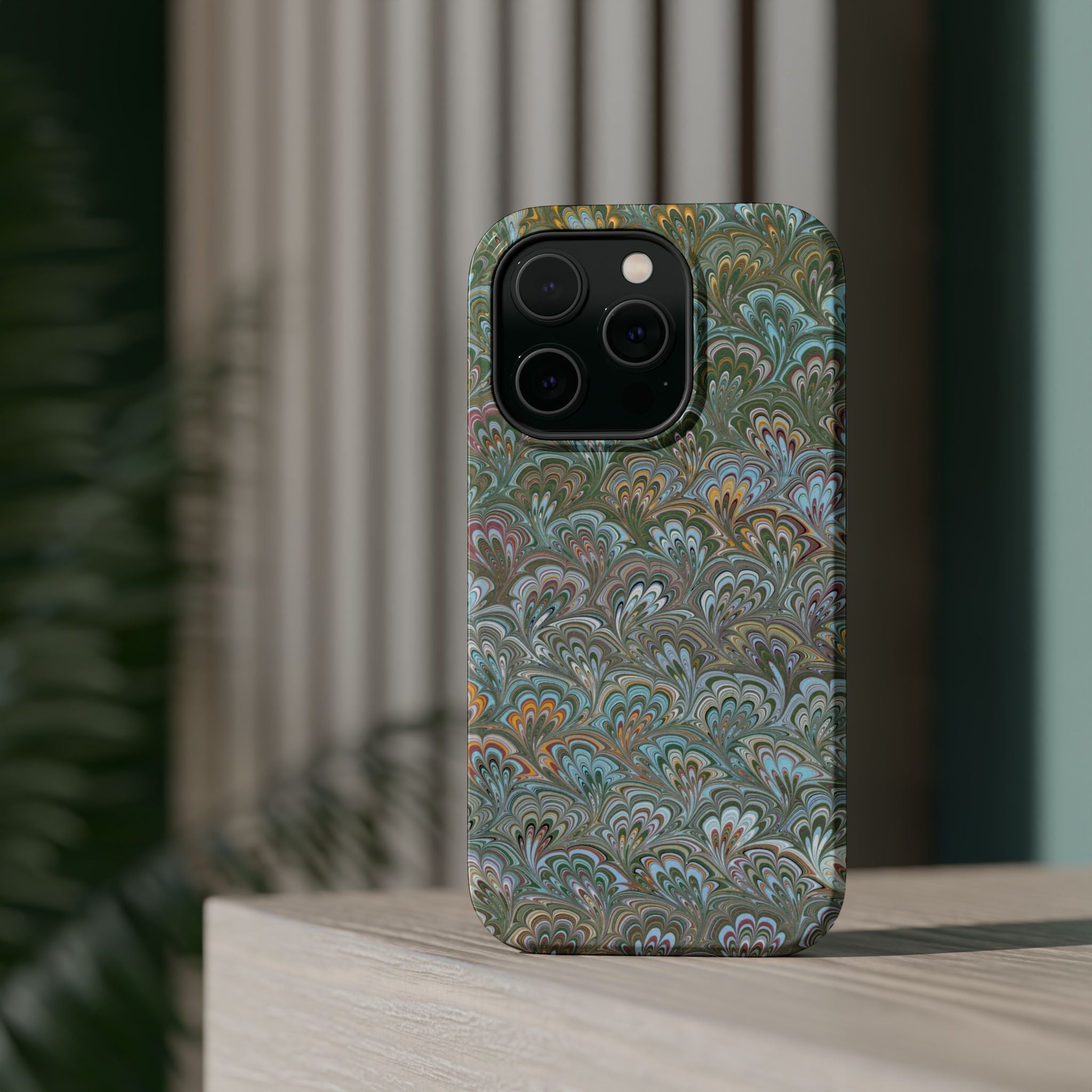 Green, Blue, + White Marbled Peacock - Dual Layer MAG SAFE Phone Case