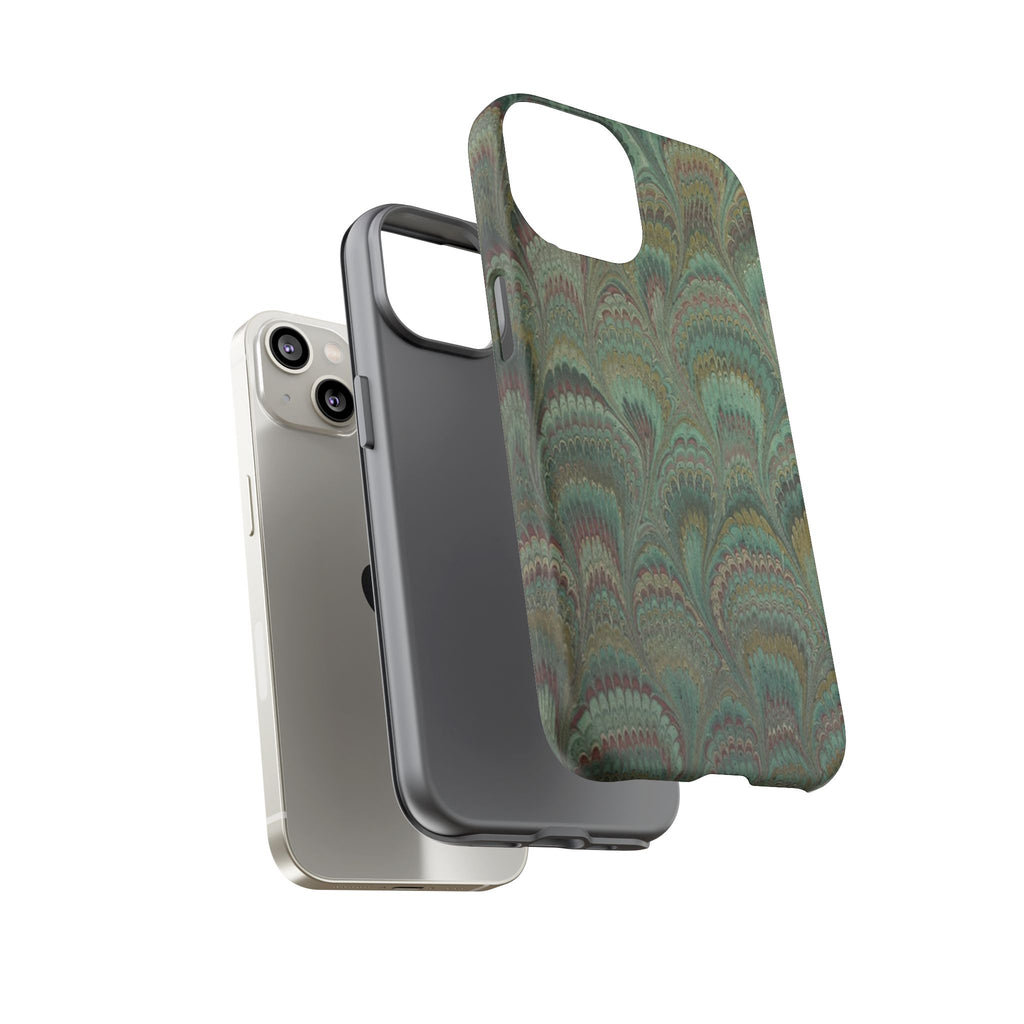 Marbled Peacock Durable Phone Case - Olive Green and Brown - Matte or Glossy
