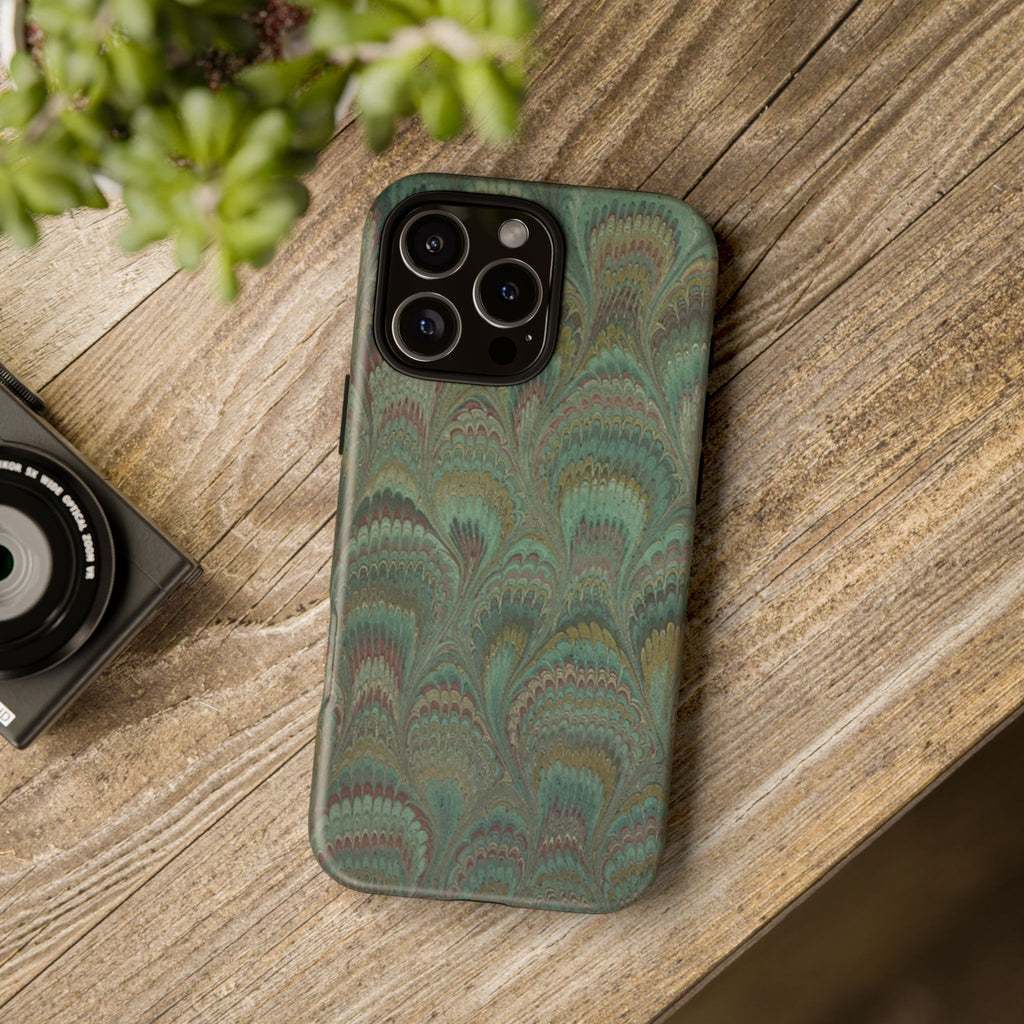 Marbled Peacock Durable Phone Case - Olive Green and Brown - Matte or Glossy