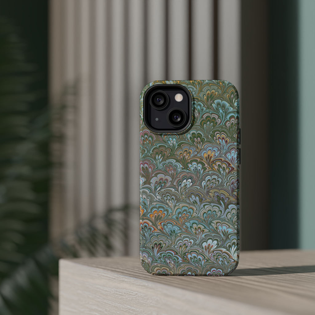 Green, Blue, + White Marbled Peacock - Dual Layer MAG SAFE Phone Case