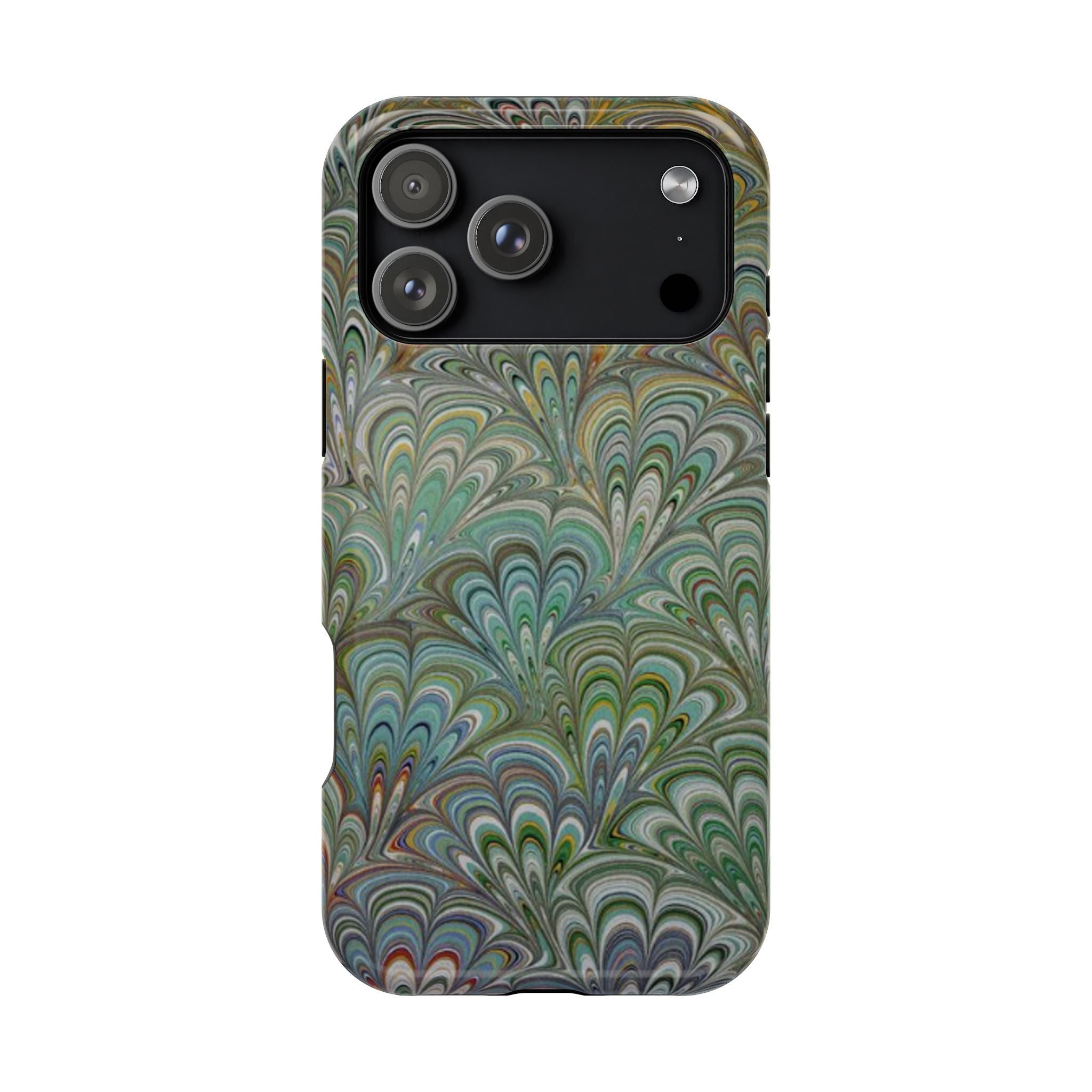 iPhone17 + All Models Phone Cases, Italian Peacock Feather Design, Stylish Impact-Resistant Shell, Protective Cover, Green Peacock Print