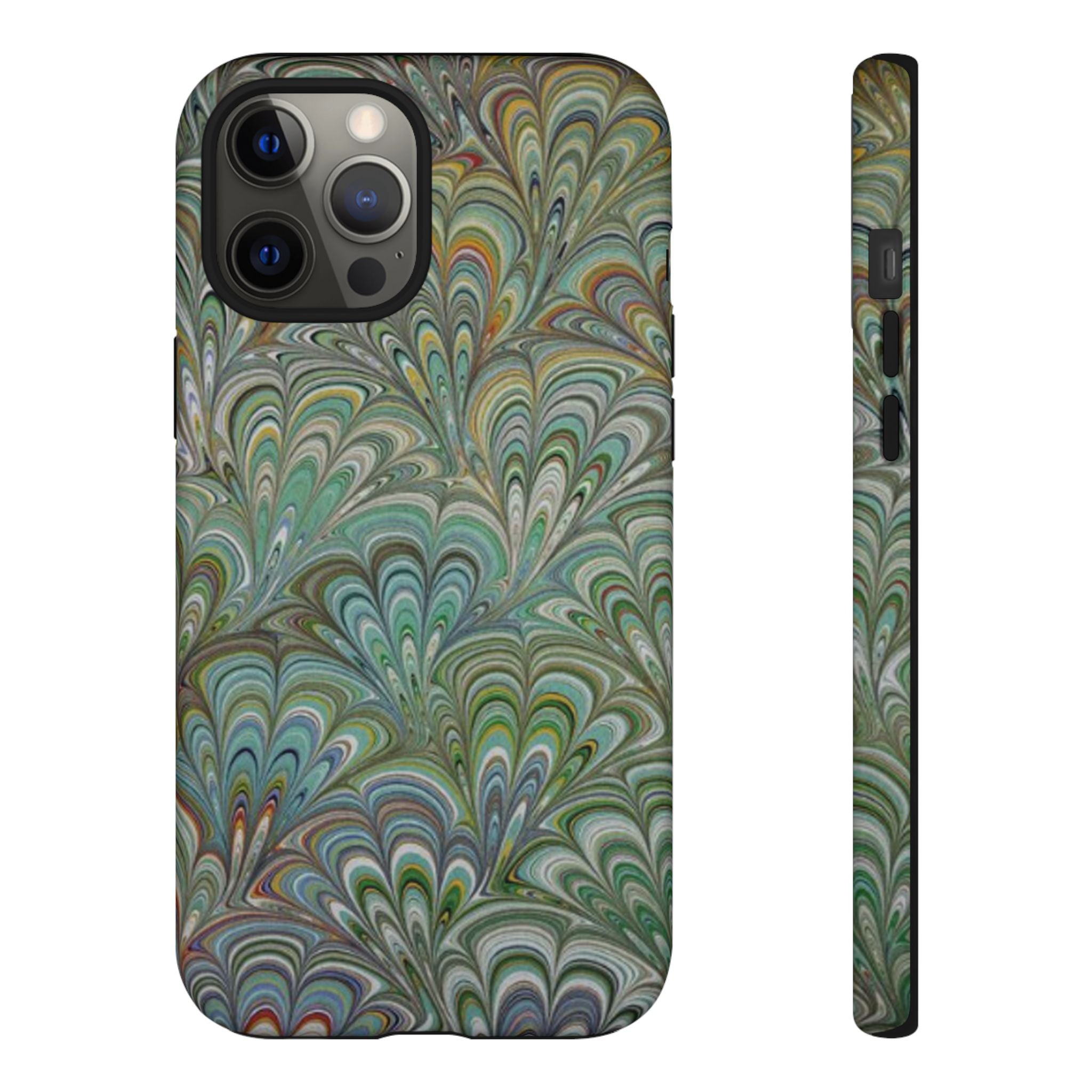 Green Marbled Peacock Durable Phone Case - Olive Green and Brown - Matte or Glossy