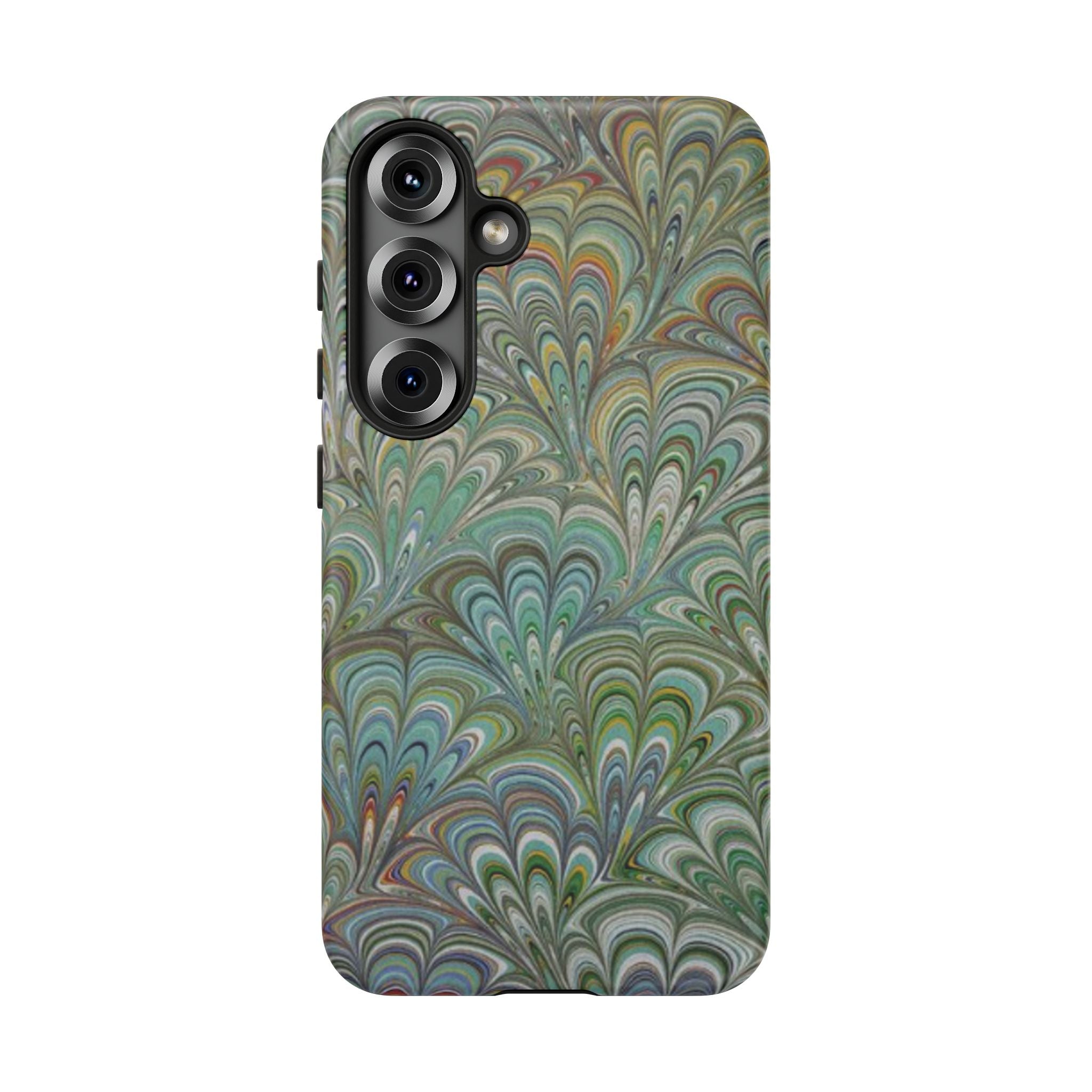 Green Marbled Peacock Durable Phone Case - Olive Green and Brown - Matte or Glossy