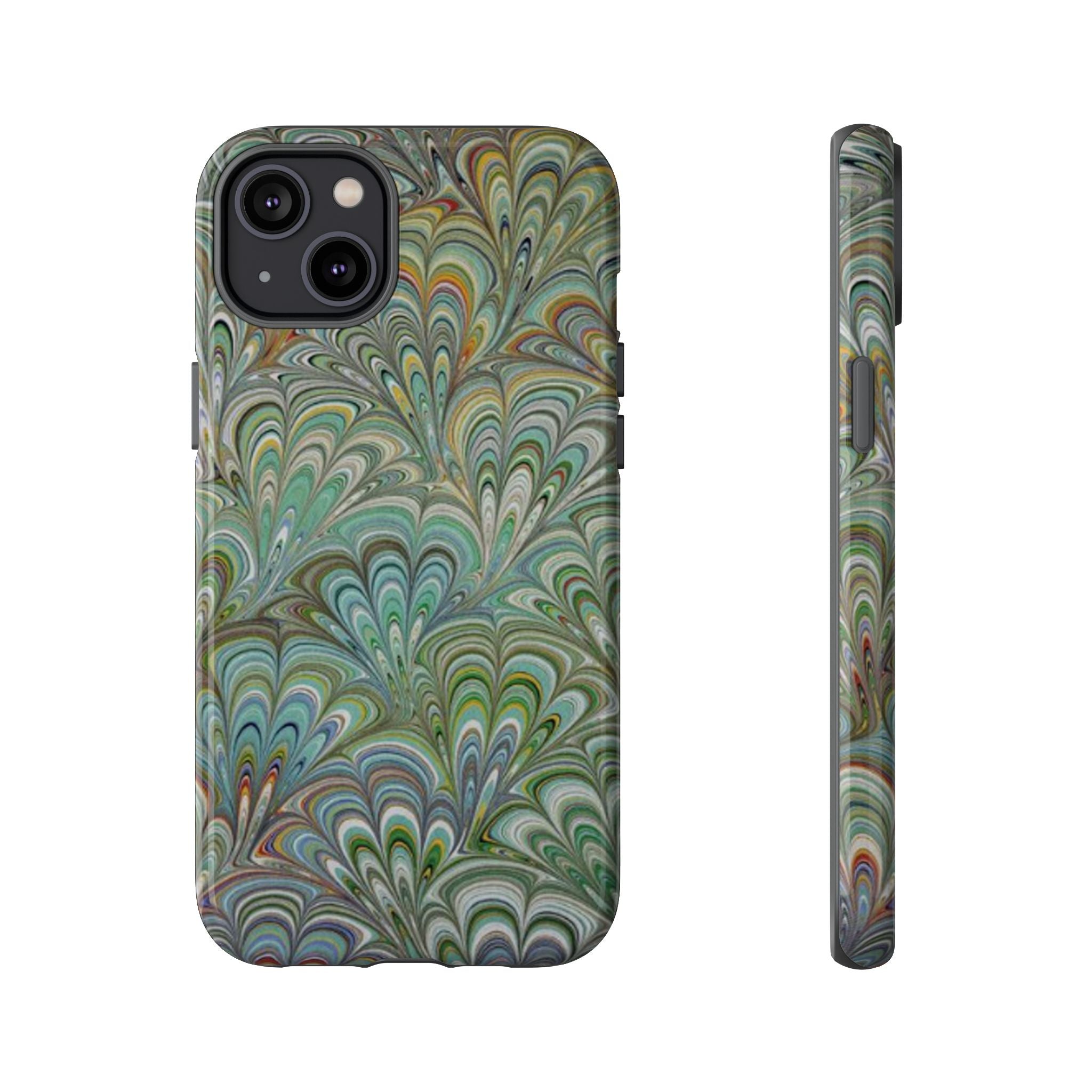 Green Marbled Peacock Durable Phone Case - Olive Green and Brown - Matte or Glossy