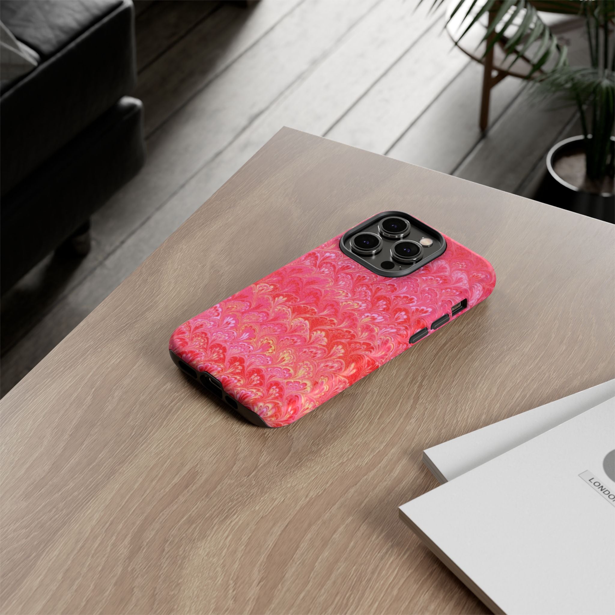 Pink and Gold Marbled Peacock Durable Phone Case - Olive Green and Brown - Matte or Glossy