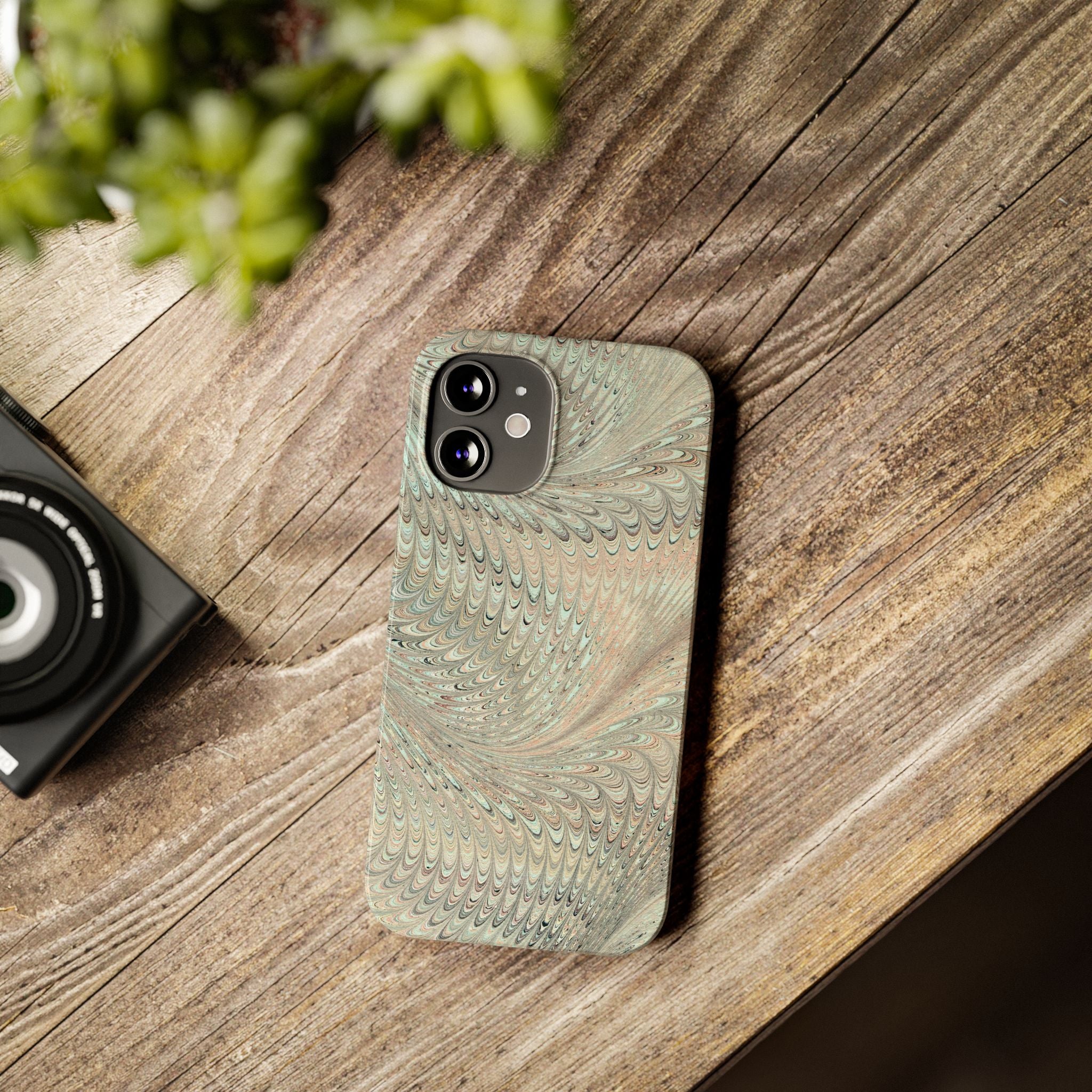 Marbled VIntage Design, Italian Feather Phone Case, Green Hues, Mint, Beige, Neutrals, Slim Phone Cases, IPHONE16 and all sizes