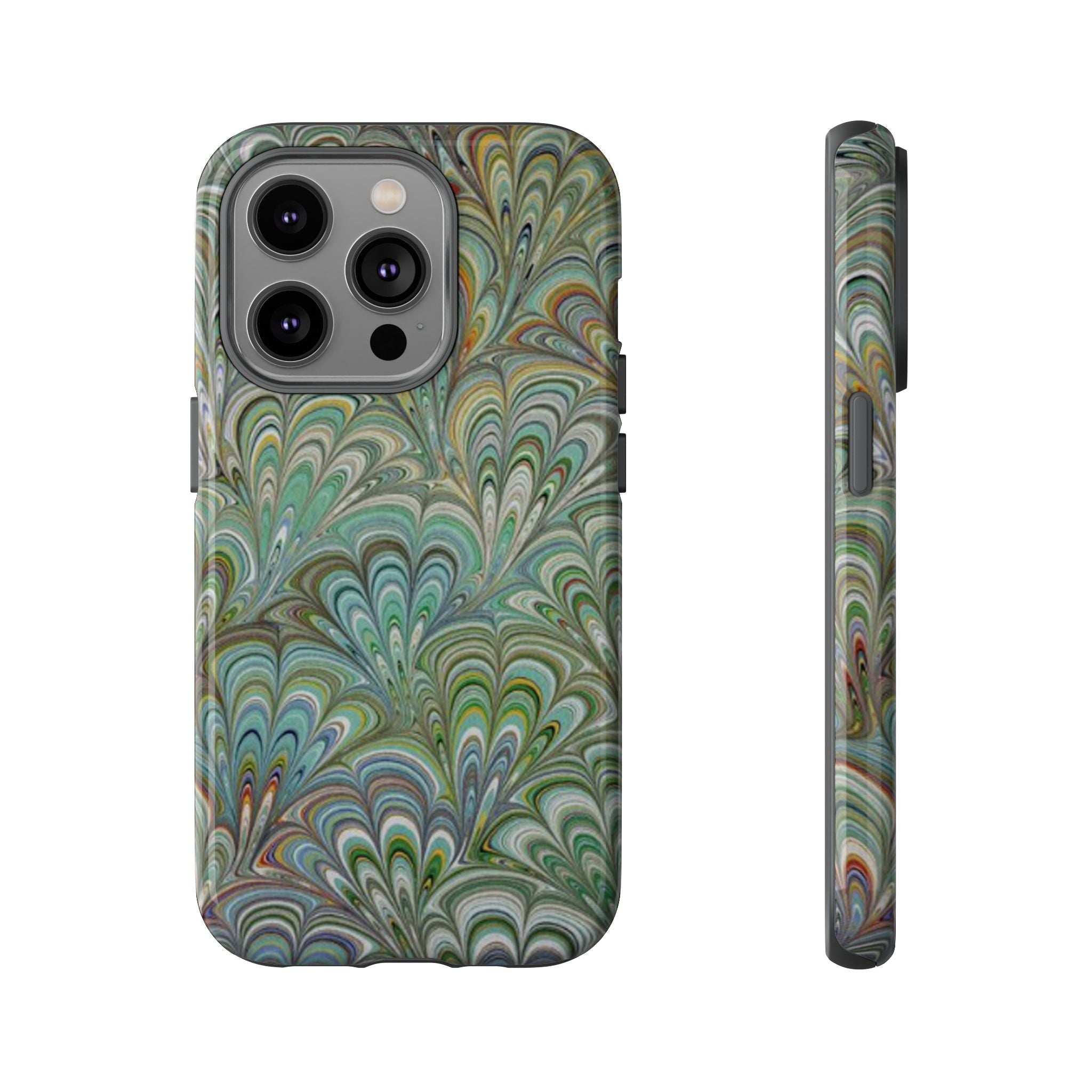Green Marbled Peacock Durable Phone Case - Olive Green and Brown - Matte or Glossy