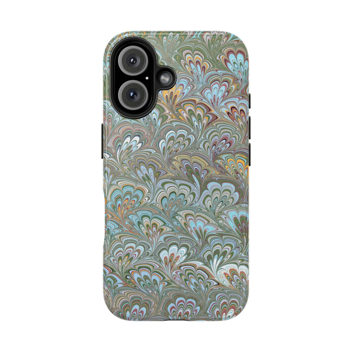 Green, Blue + White Italian Feather Design Dual Layer, Glossy Phone Case - iPhone 18 sizes