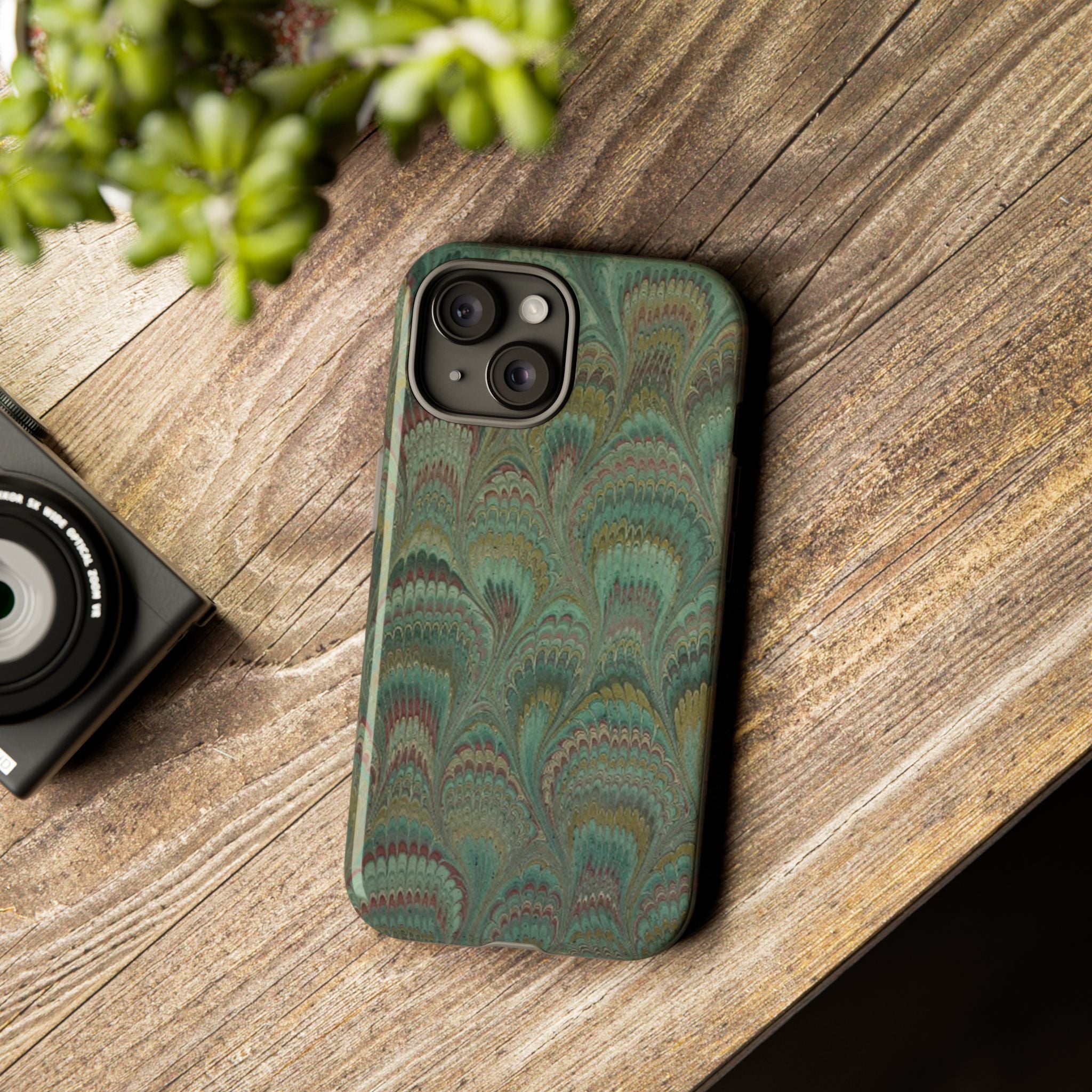 Marbled Peacock Durable Phone Case - Olive Green and Brown - Matte or Glossy