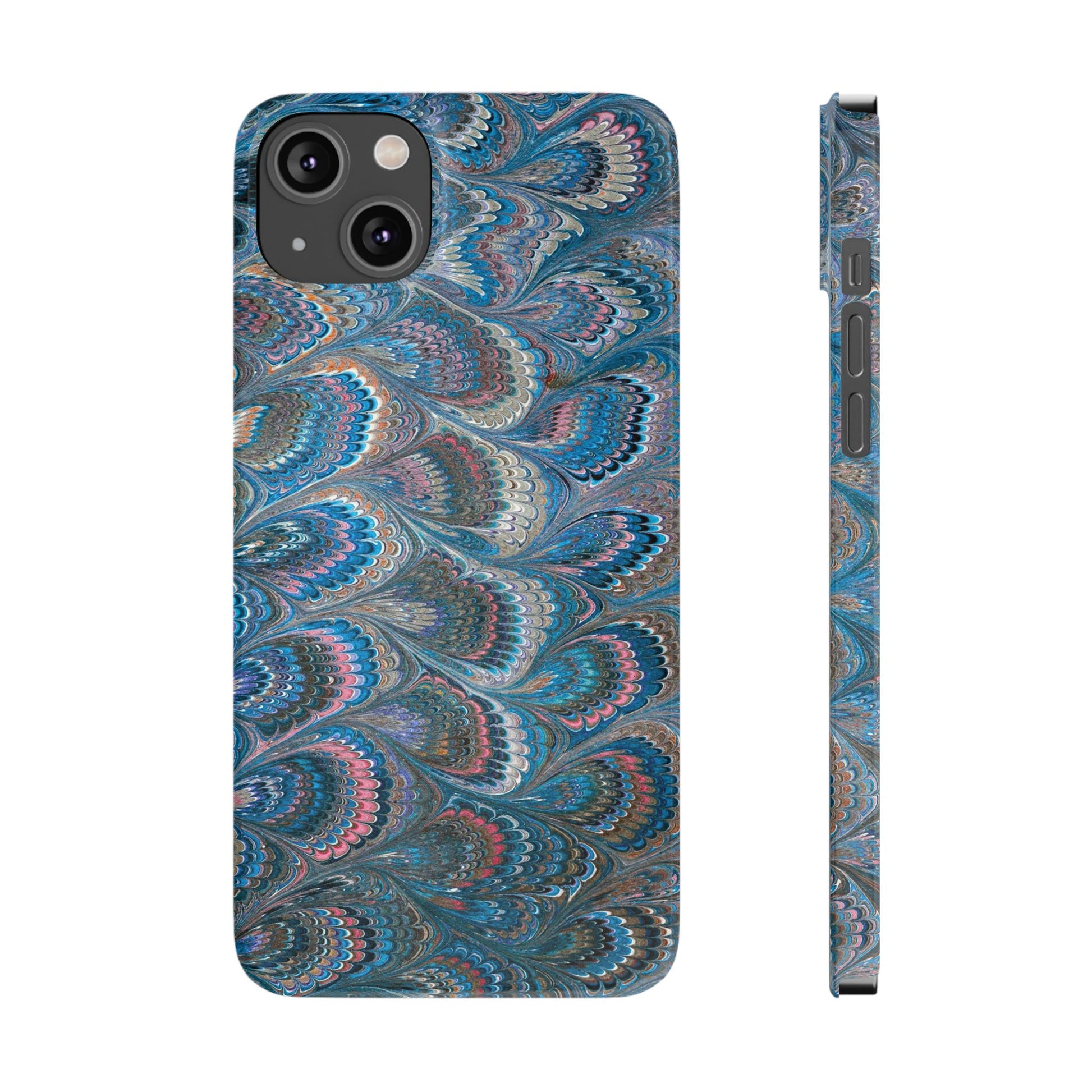Blue and Pink FEATHER PEACKOCK Marbled VIntage Design, Italian Feather Phone Case, Slim Phone Cases, IPHONE 16 and all sizes
