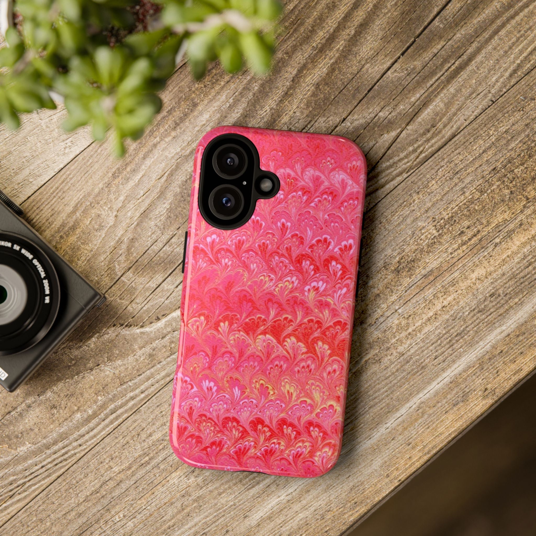 Pink and Gold Marbled Peacock Durable Phone Case - Olive Green and Brown - Matte or Glossy
