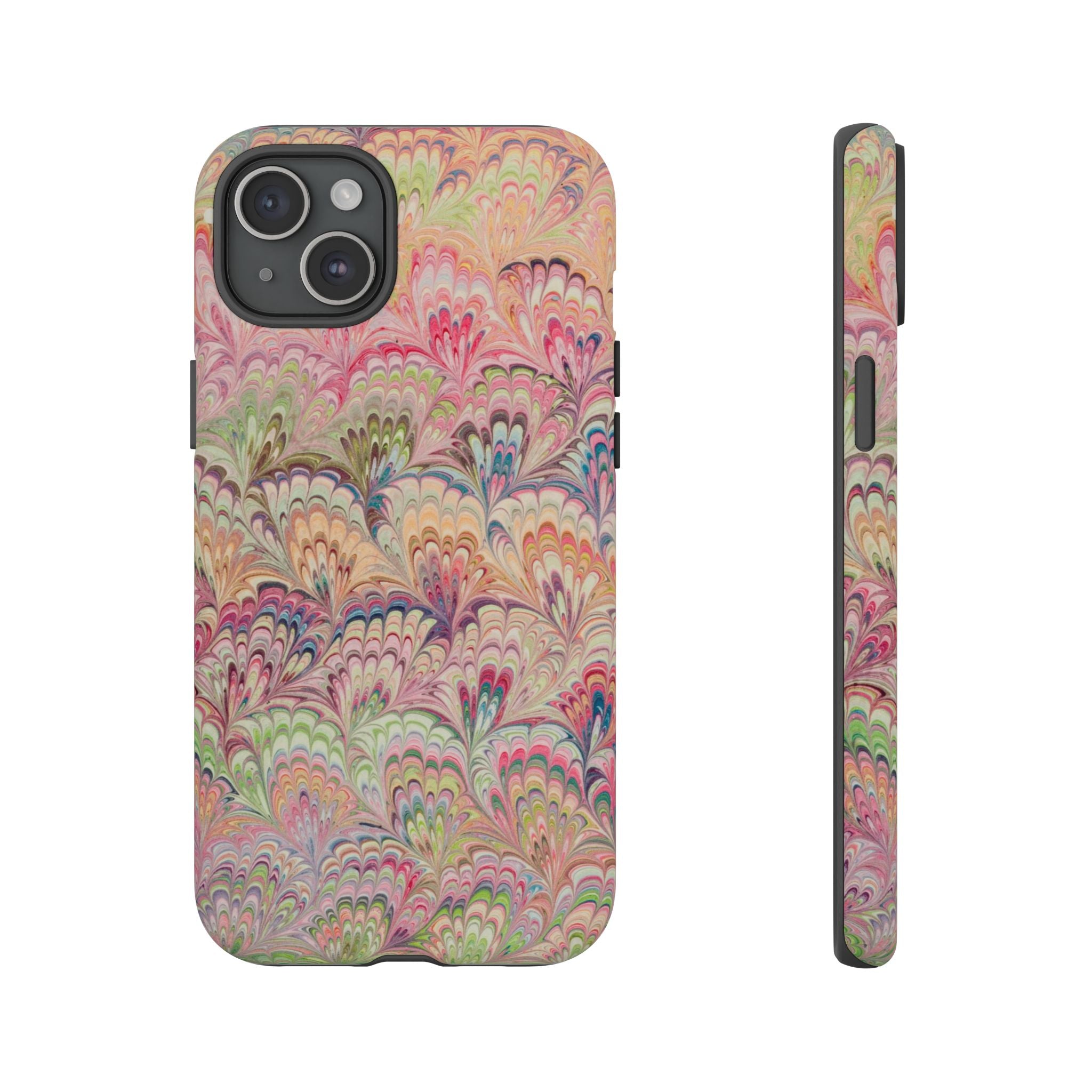 Pastel Pink + Green Feather Marbled Phone Case - Dual Layer Phone Cover