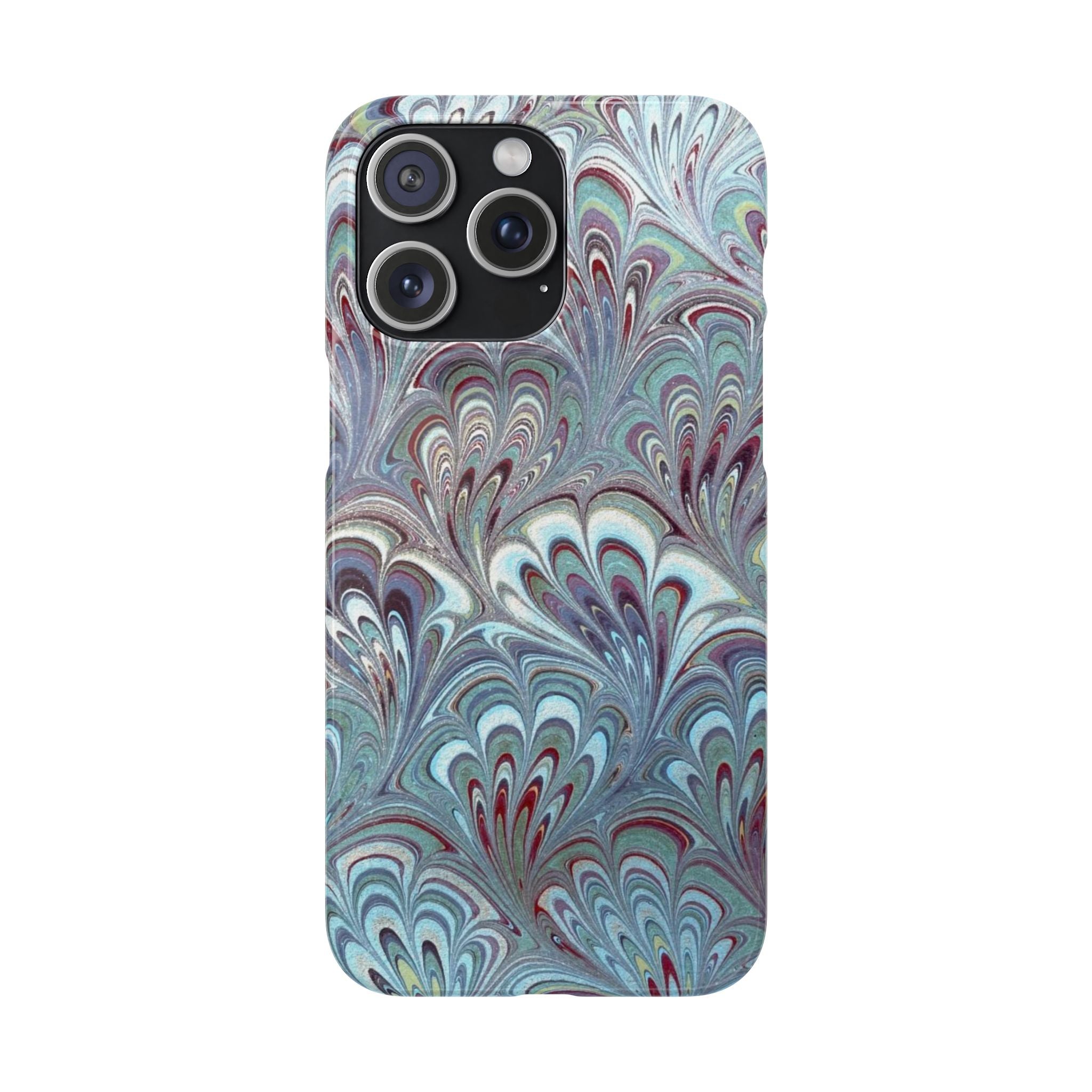 Marbled Feather Blue, White + Burgundy Swirl - Single Layer Slim Phone Case