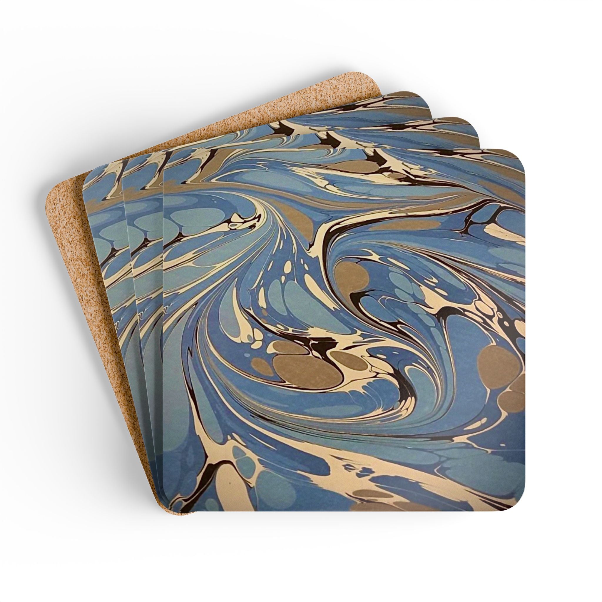 Blue Italian Marbled Cork Coaster Set, Modern Minimalist Drink Coasters (4-Pack)