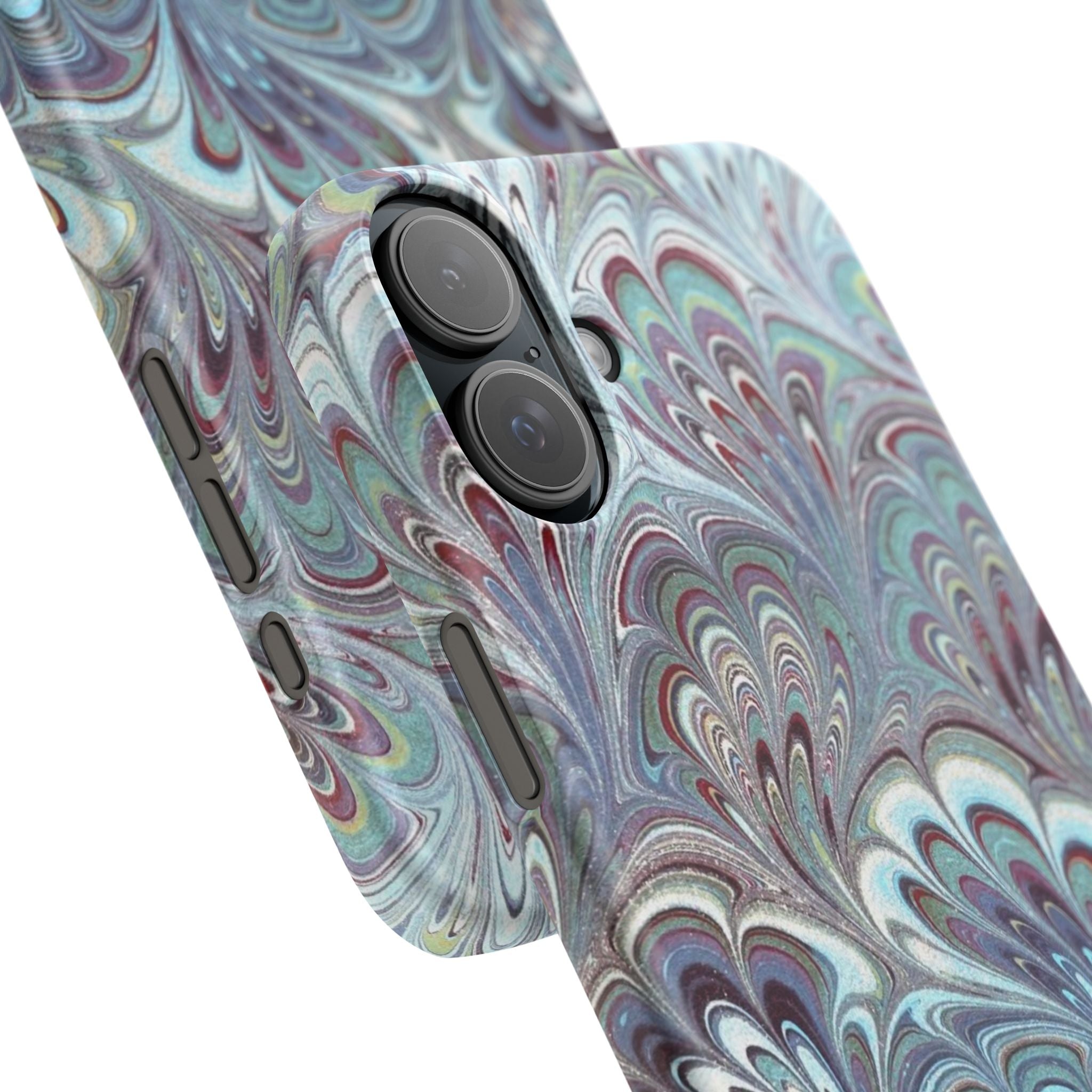 Marbled Feather Blue, White + Burgundy Swirl - Single Layer Slim Phone Case