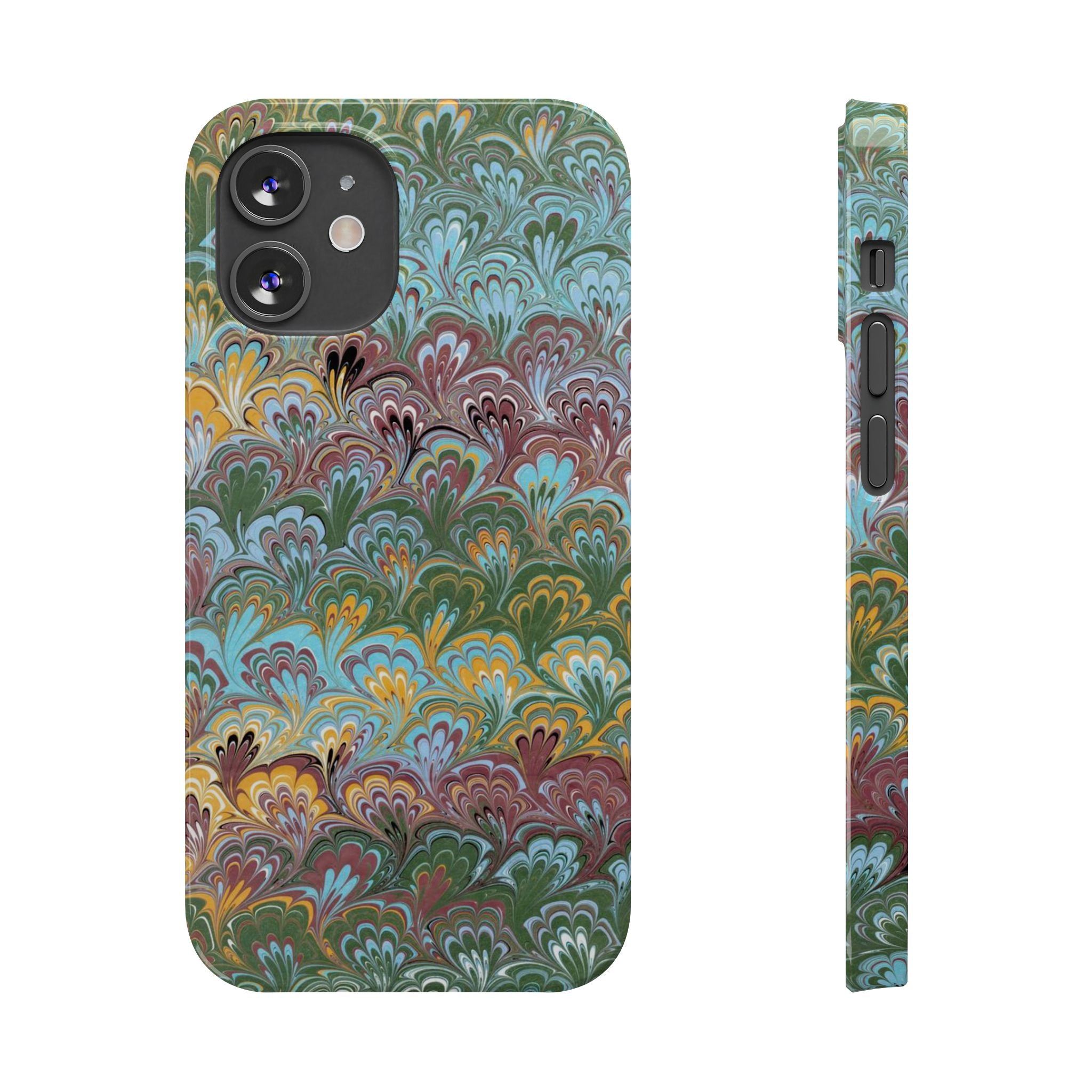 Phone Case with Design from Italy - Marbled "Peacock" Design, Green, Blue, Multi-Color Slim Phone Cases