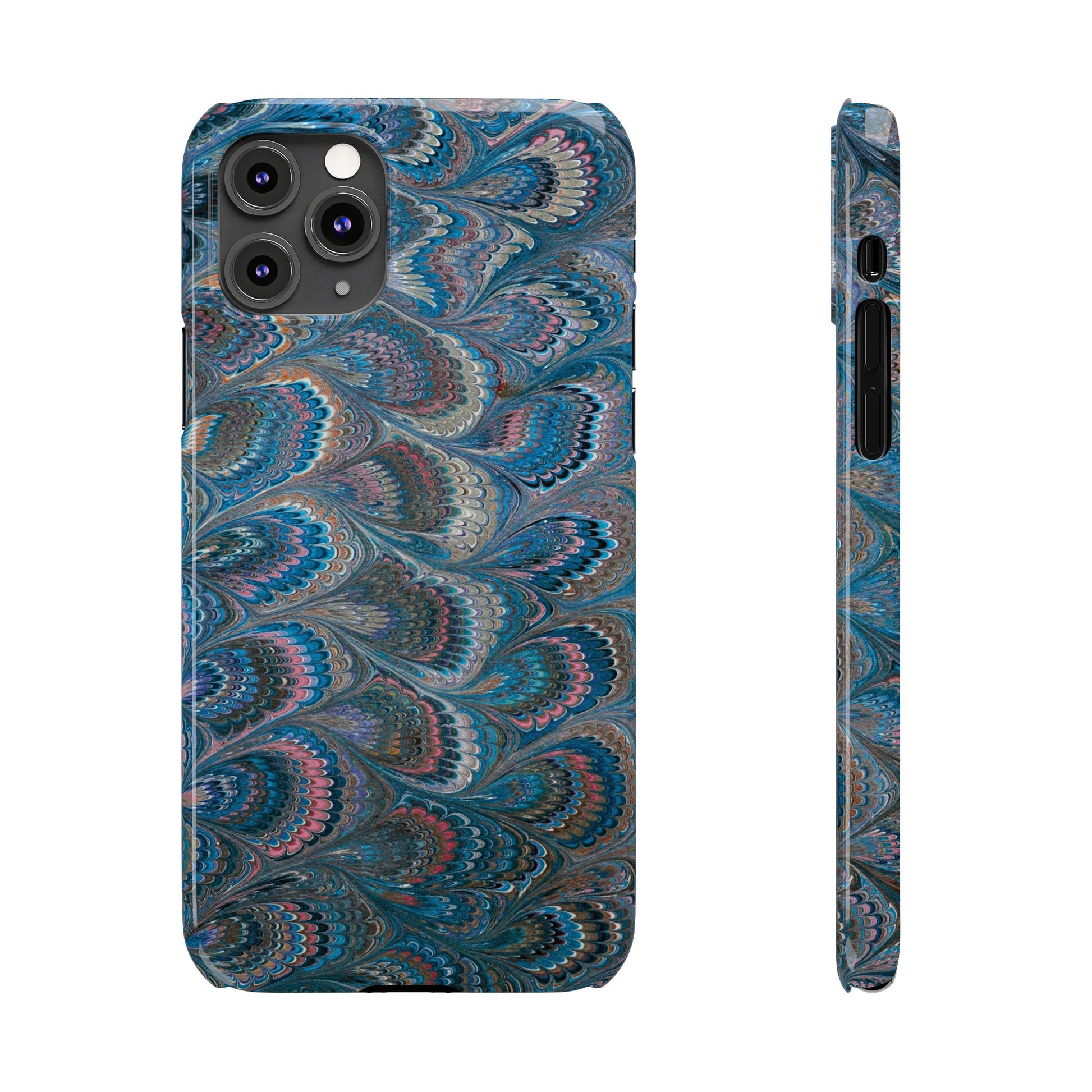 Blue and Pink FEATHER PEACKOCK Marbled VIntage Design, Italian Feather Phone Case, Slim Phone Cases, IPHONE 16 and all sizes