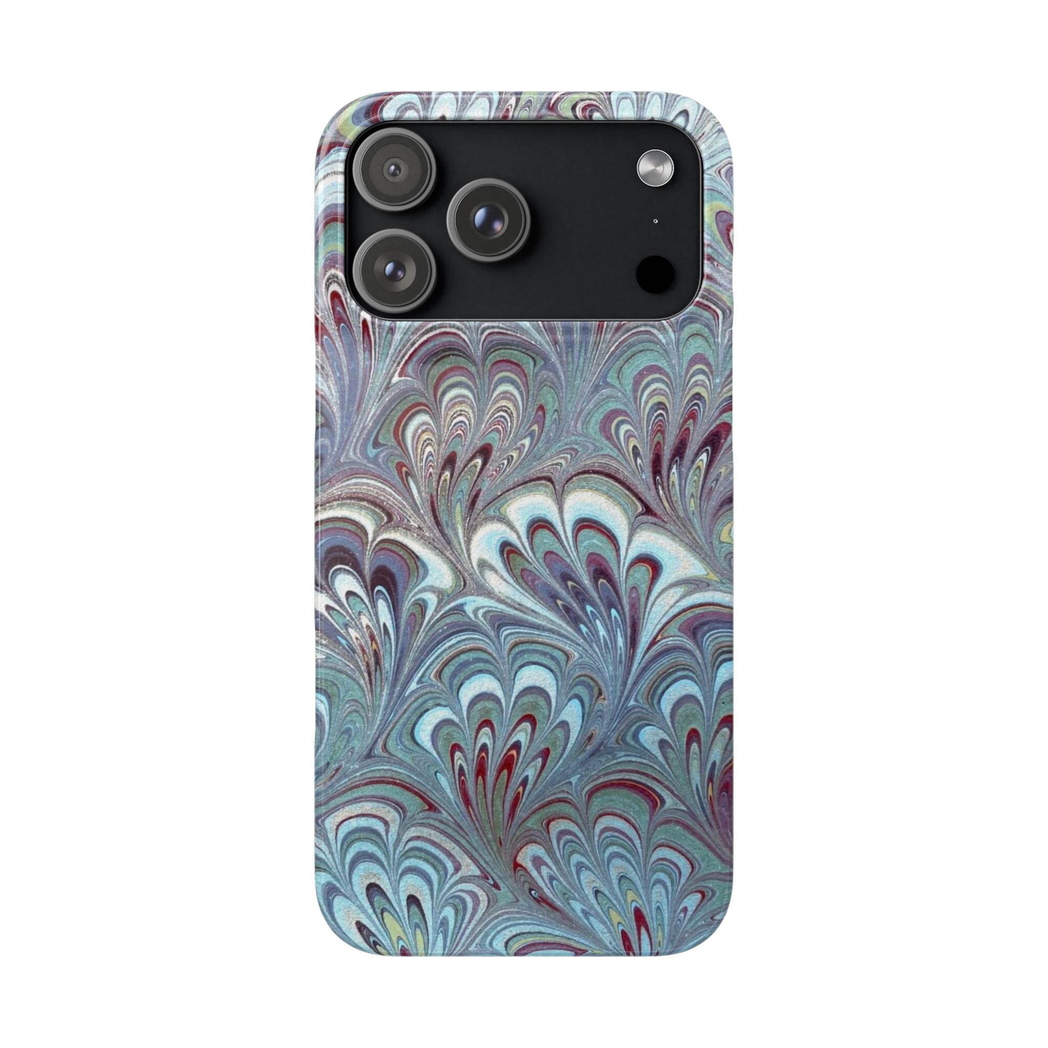 Marbled Feather Green, White + Burgundy Swirl - Single Layer Slim Phone Case