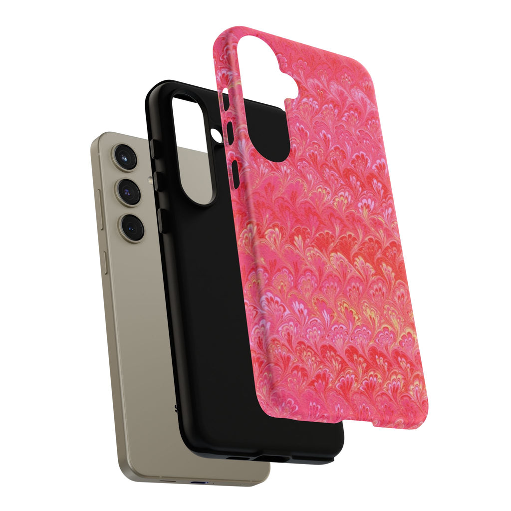 Pink and Gold Marbled Peacock Durable Phone Case - Olive Green and Brown - Matte or Glossy