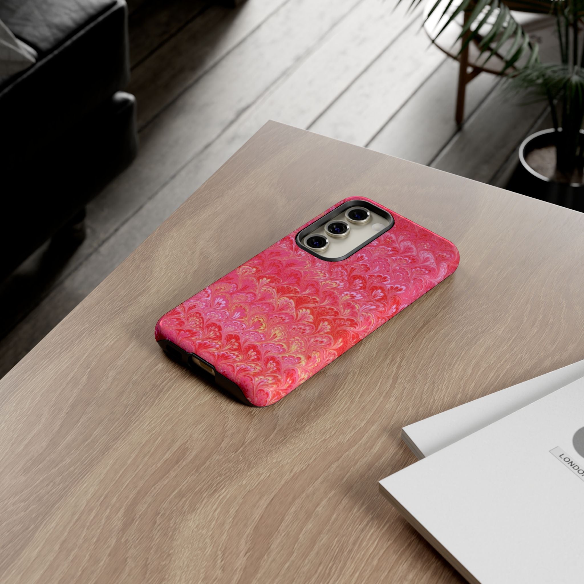 Pink and Gold Marbled Peacock Durable Phone Case - Olive Green and Brown - Matte or Glossy