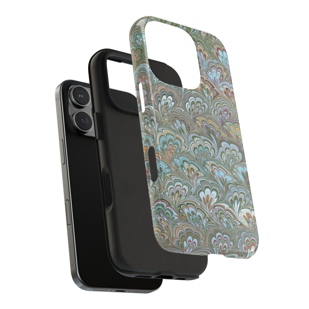 Green, Blue + White Italian Feather Design Dual Layer, Glossy Phone Case - iPhone 18 sizes