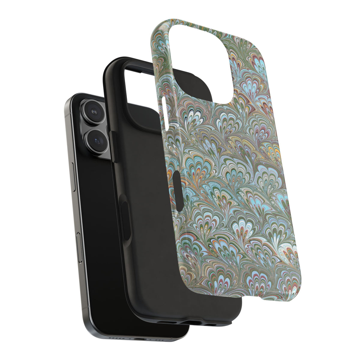 Green, Blue + White Italian Feather Design Dual Layer, Glossy Phone Case - iPhone 18 sizes