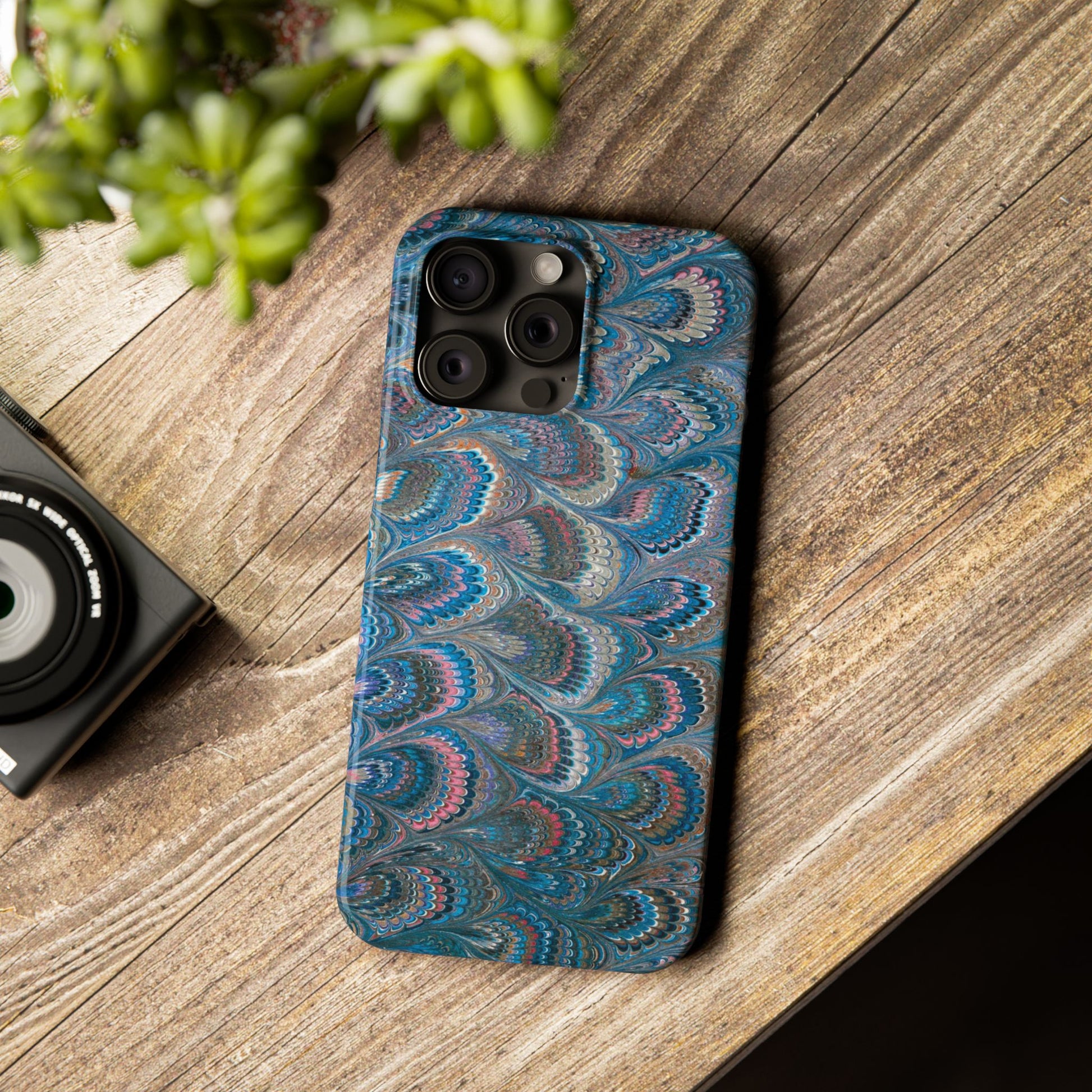 Blue and Pink FEATHER PEACKOCK Marbled VIntage Design, Italian Feather Phone Case, Slim Phone Cases, IPHONE 16 and all sizes