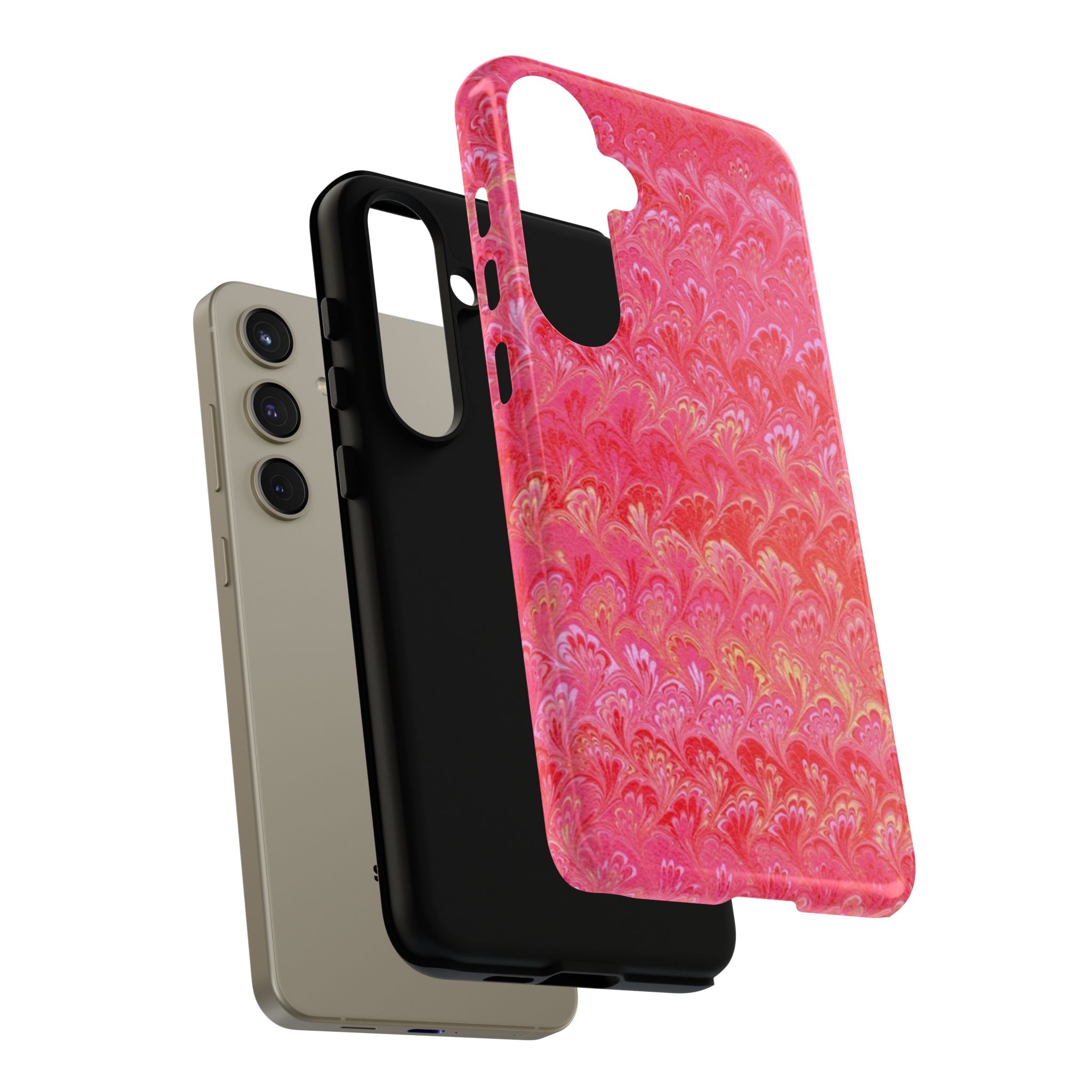 Pink and Gold Marbled Peacock Durable Phone Case - Olive Green and Brown - Matte or Glossy
