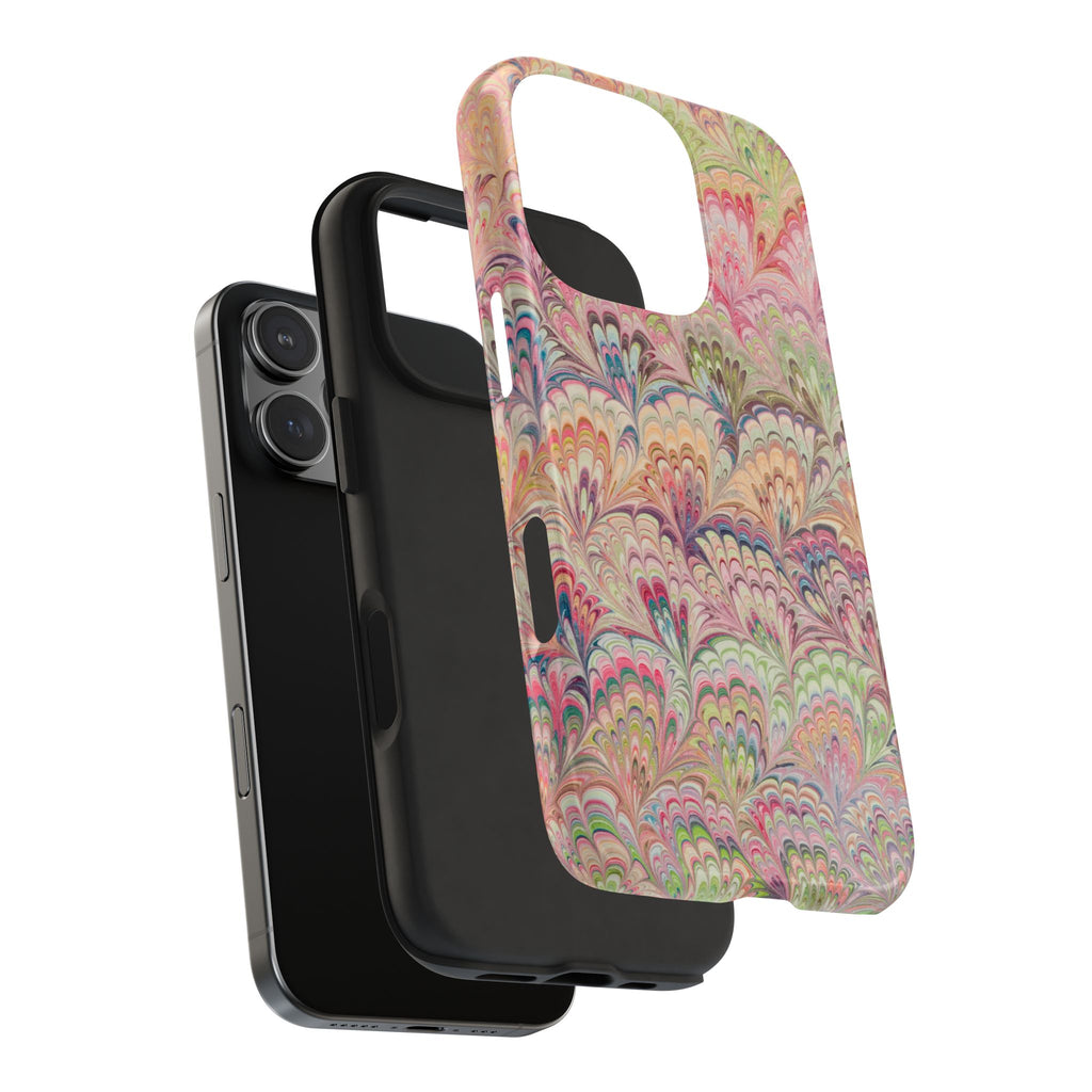 Pastel Pinks and Greens Florentine Marbled Peacock Feather Dual Layer iPhone Case - iPhone 18