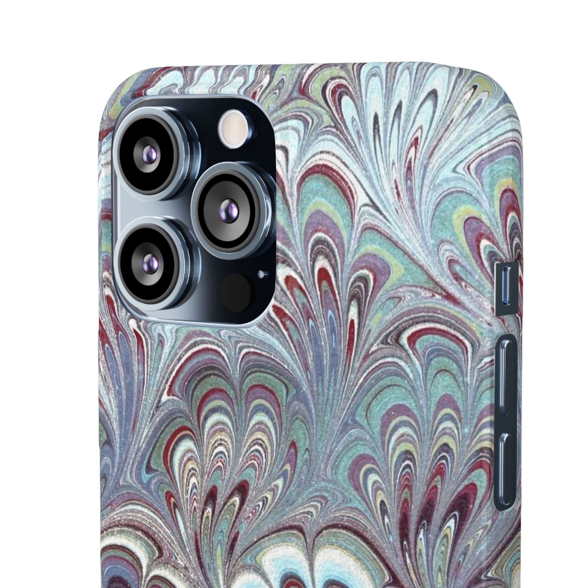 Marbled Feather Blue, White + Burgundy Swirl - Single Layer Slim Phone Case