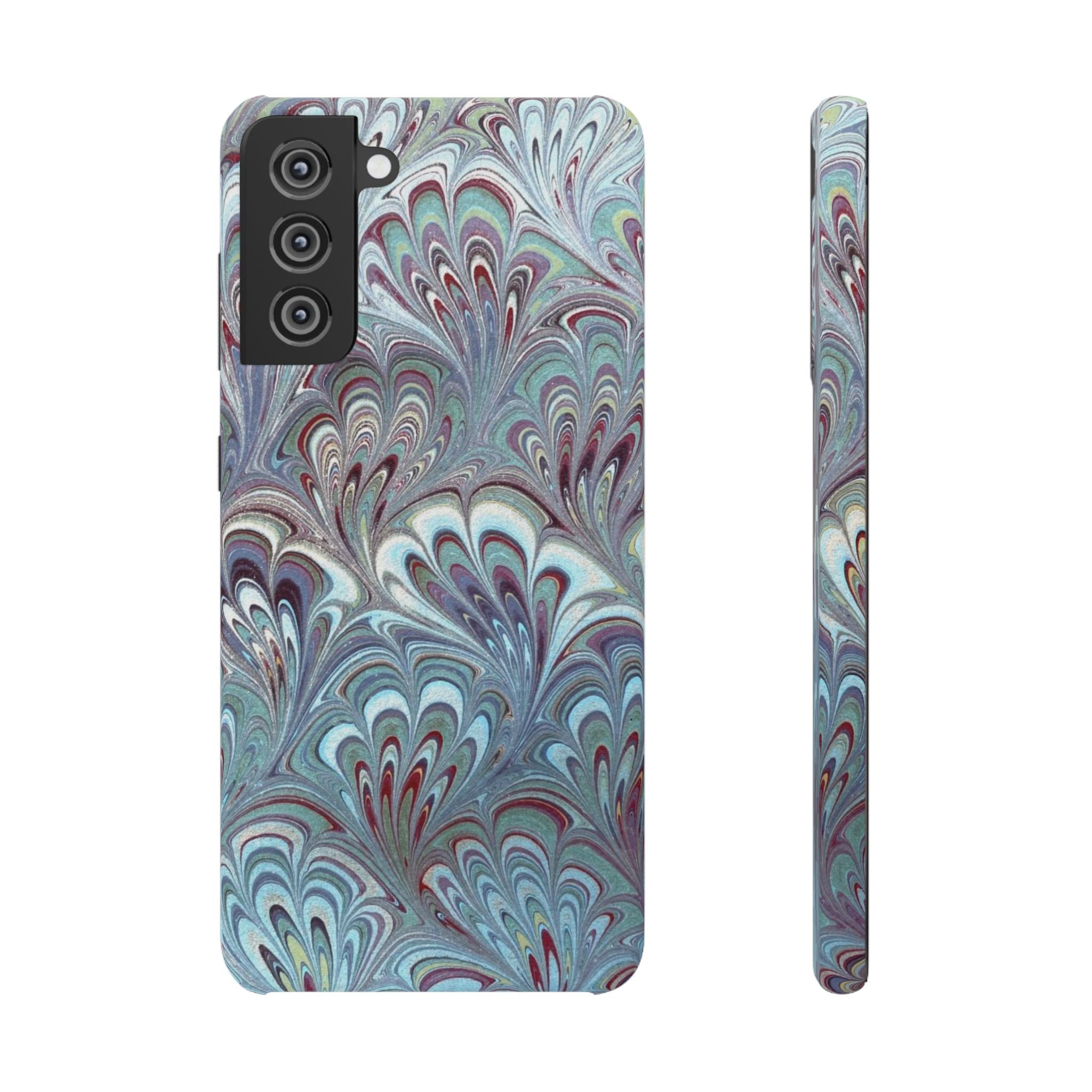 Marbled Feather Blue, White + Burgundy Swirl - Single Layer Slim Phone Case