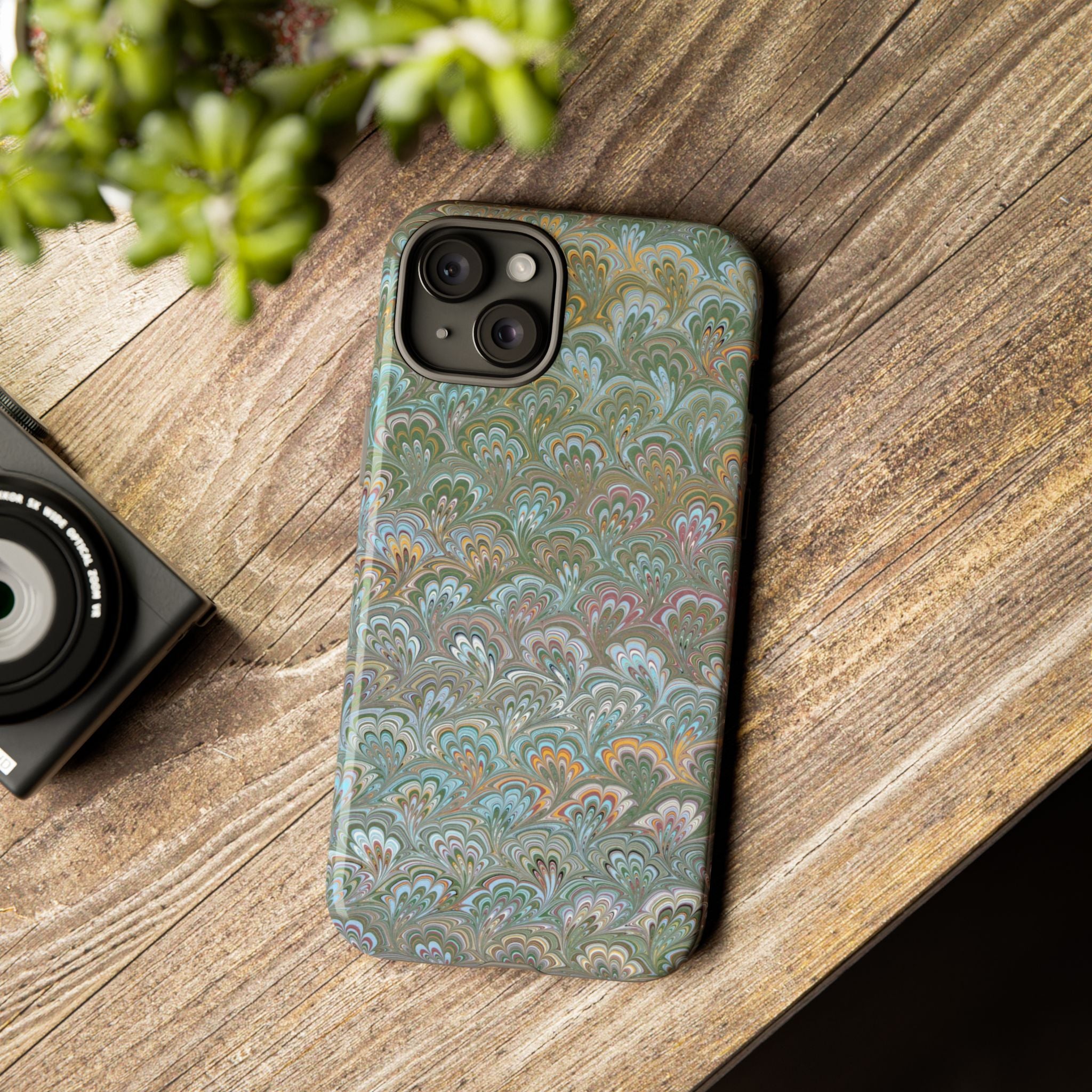Blue and Green Feather Marbled Phone Case — Dual Layer - Tough Protective Phone Cover