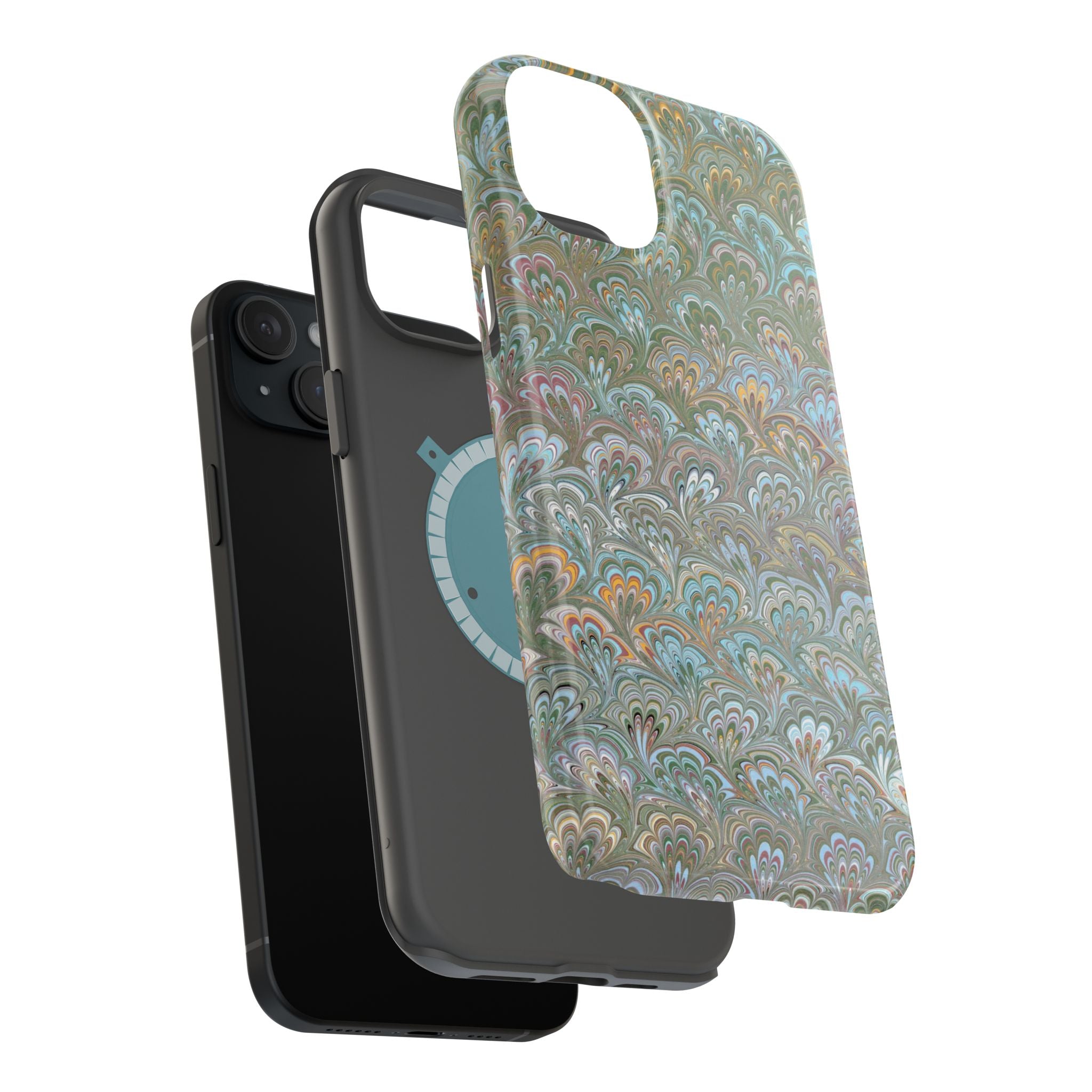 Green, Blue, + White Marbled Peacock - Dual Layer MAG SAFE Phone Case