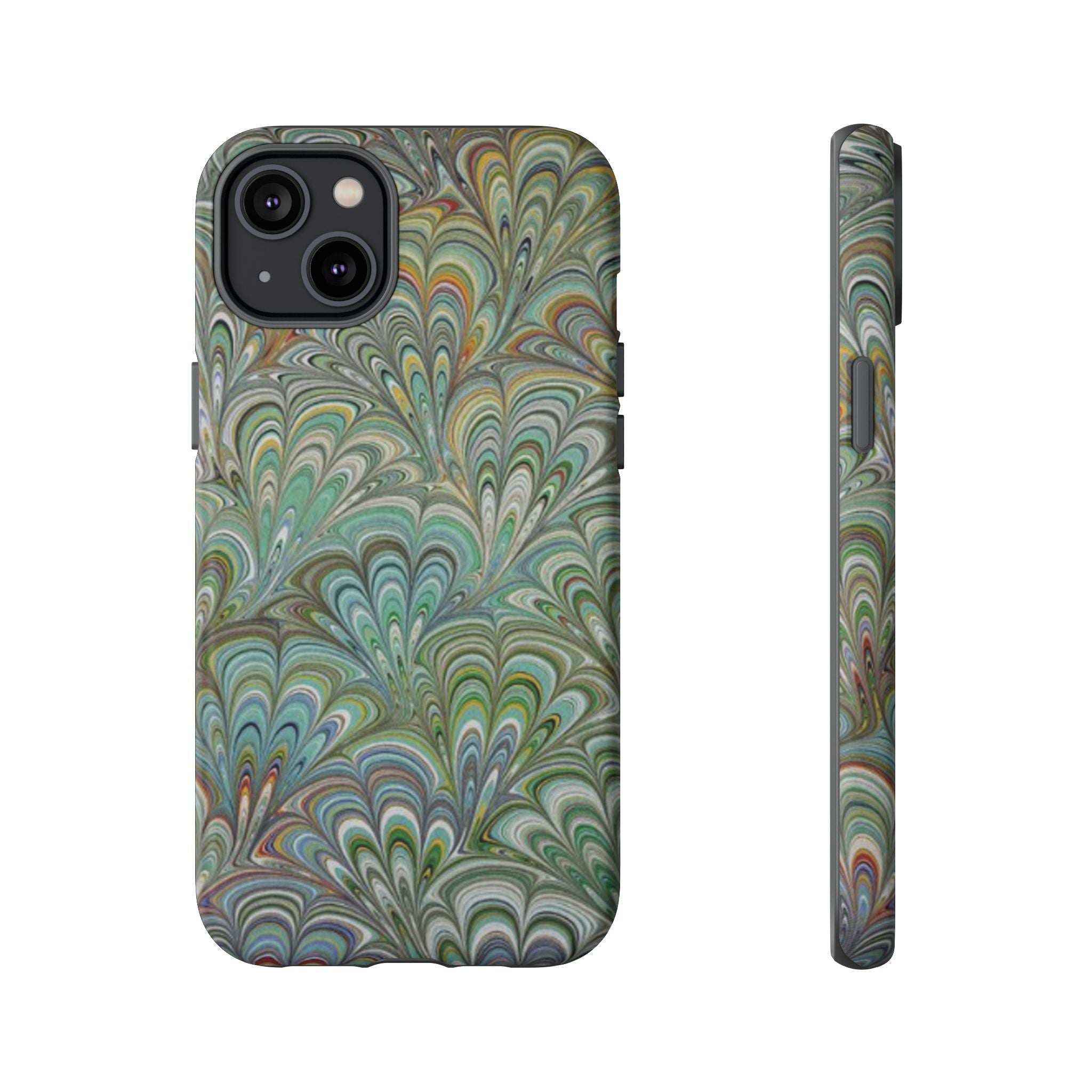 Green Marbled Peacock Durable Phone Case - Olive Green and Brown - Matte or Glossy