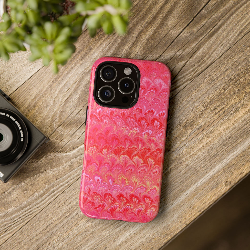 Pink and Gold Marbled Peacock Durable Phone Case - Olive Green and Brown - Matte or Glossy