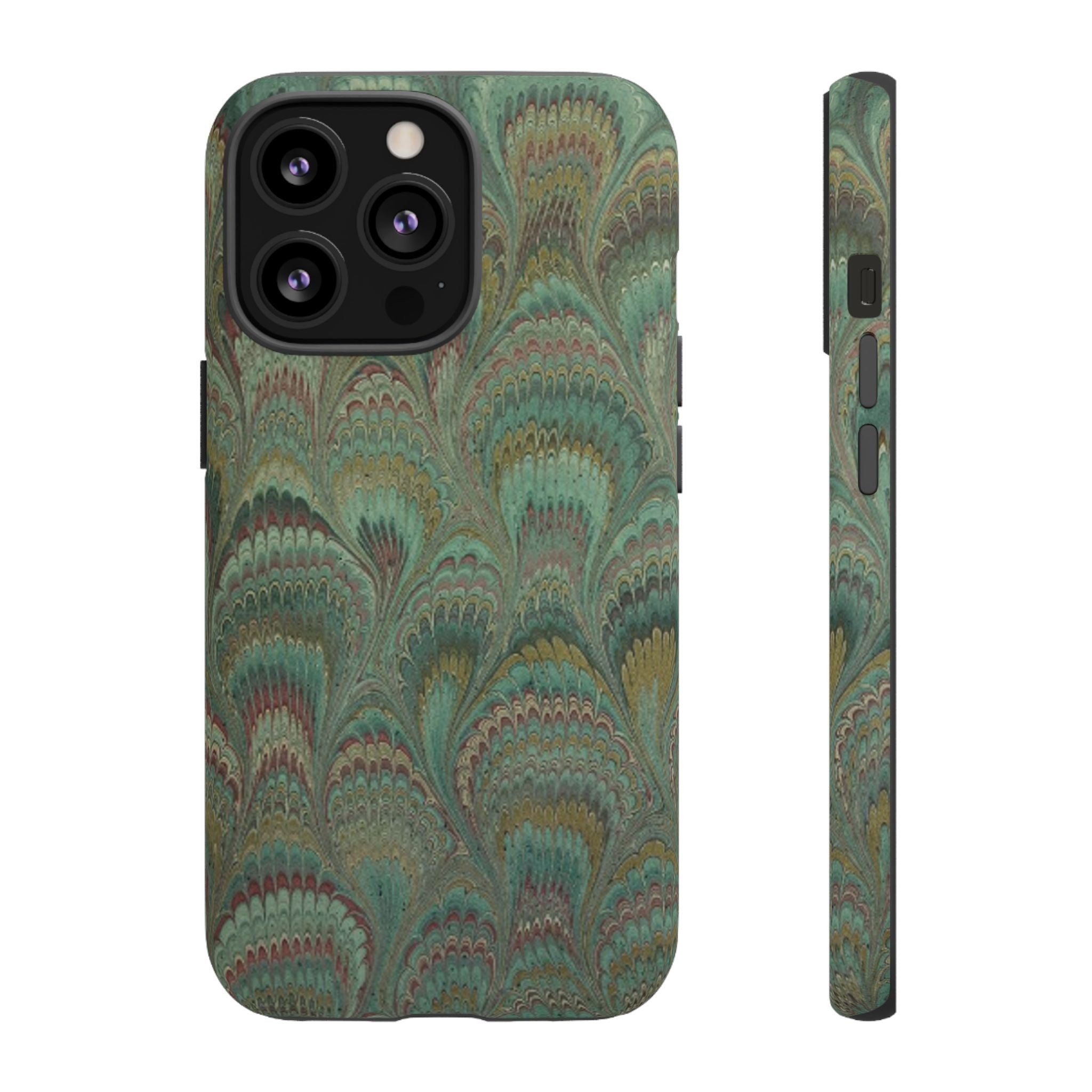 Marbled Peacock Durable Phone Case - Olive Green and Brown - Matte or Glossy