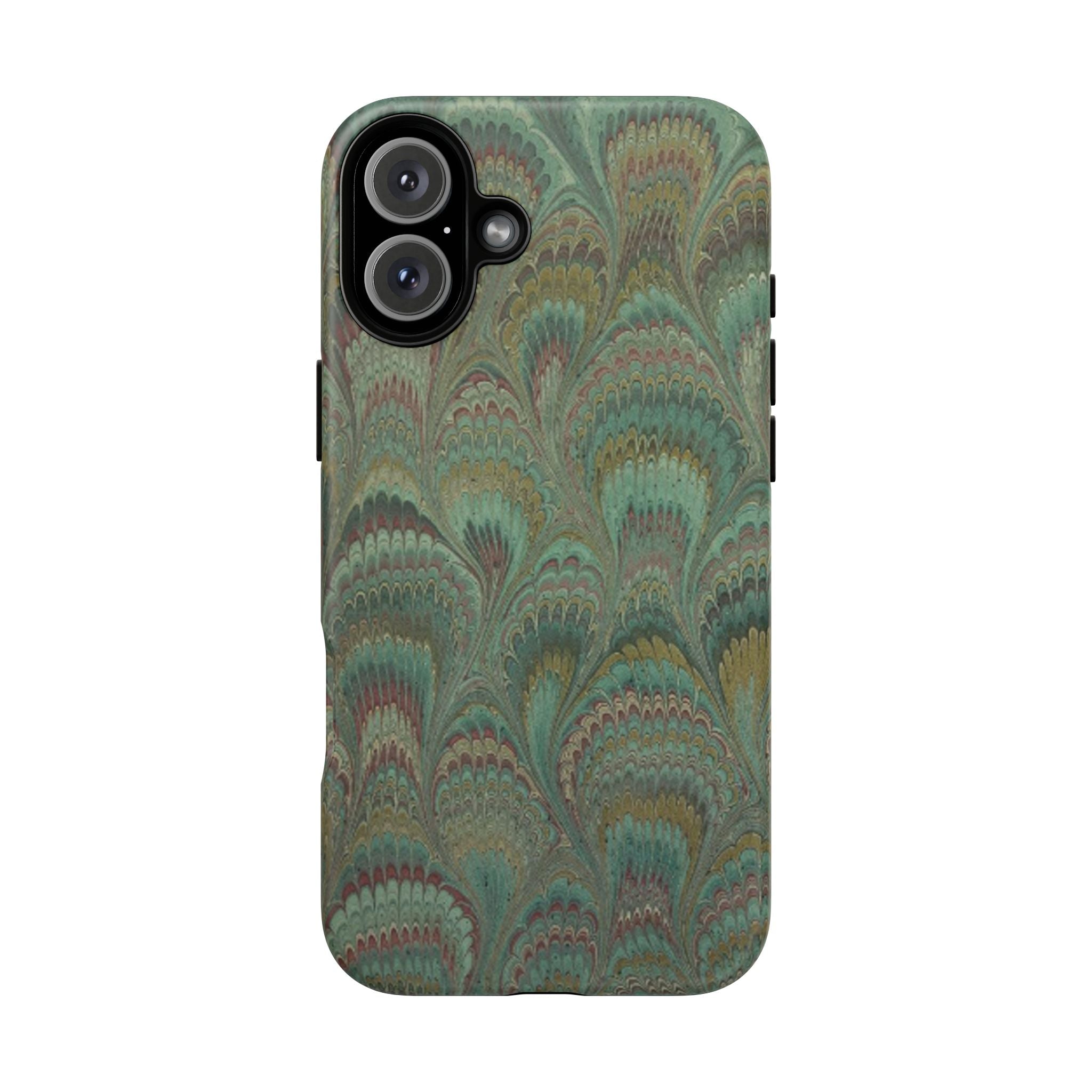 Marbled Peacock Durable Phone Case - Olive Green and Brown - Matte or Glossy